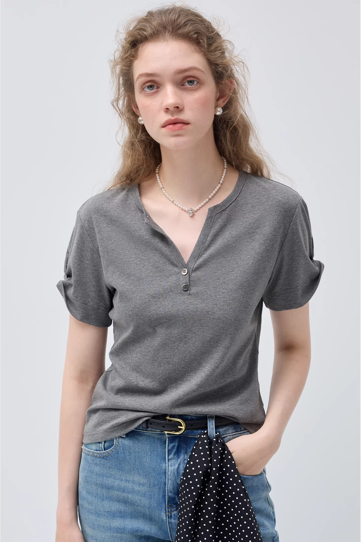 リトルVネックリンクル半袖TシャツC3542