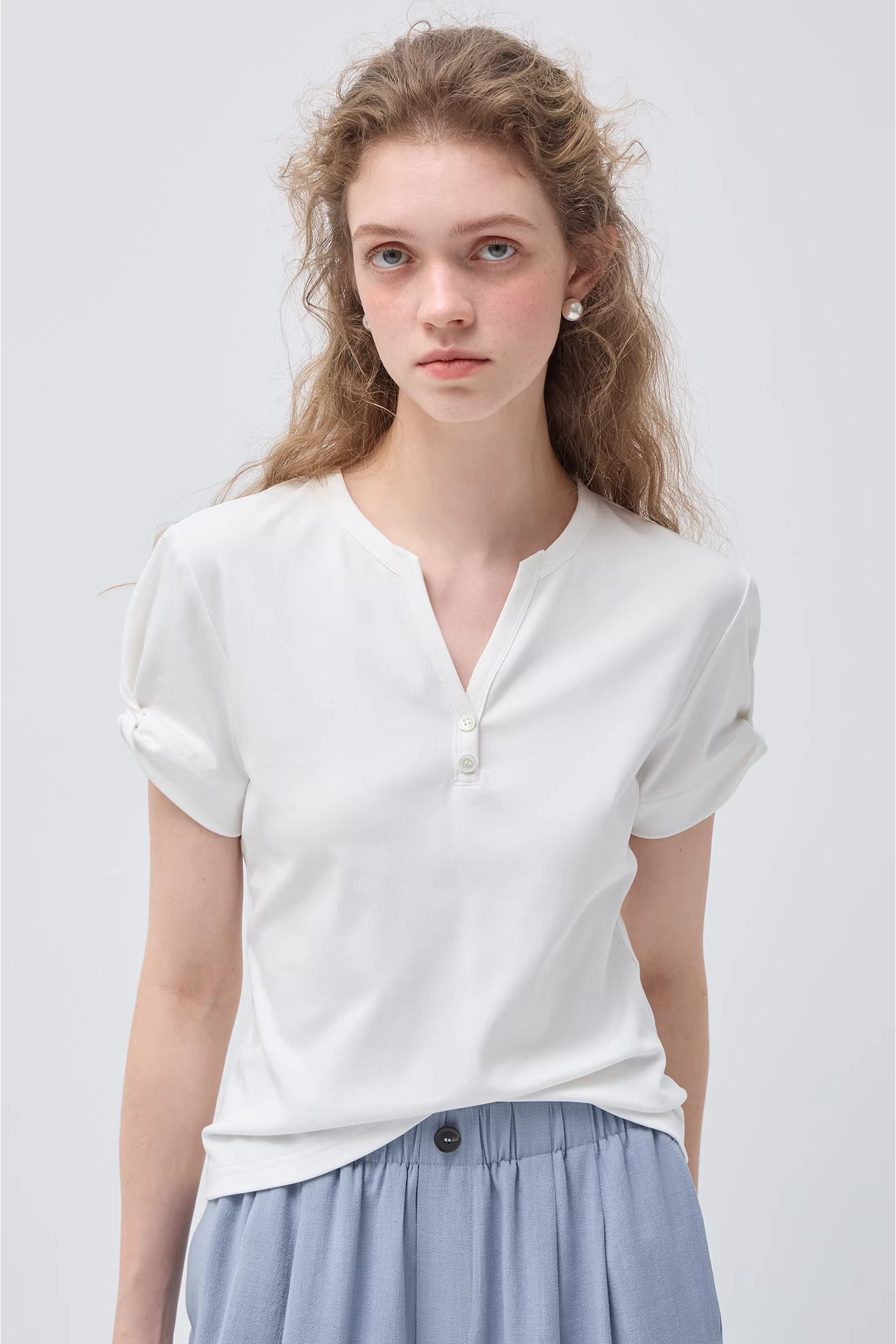 リトルVネックリンクル半袖TシャツC3542