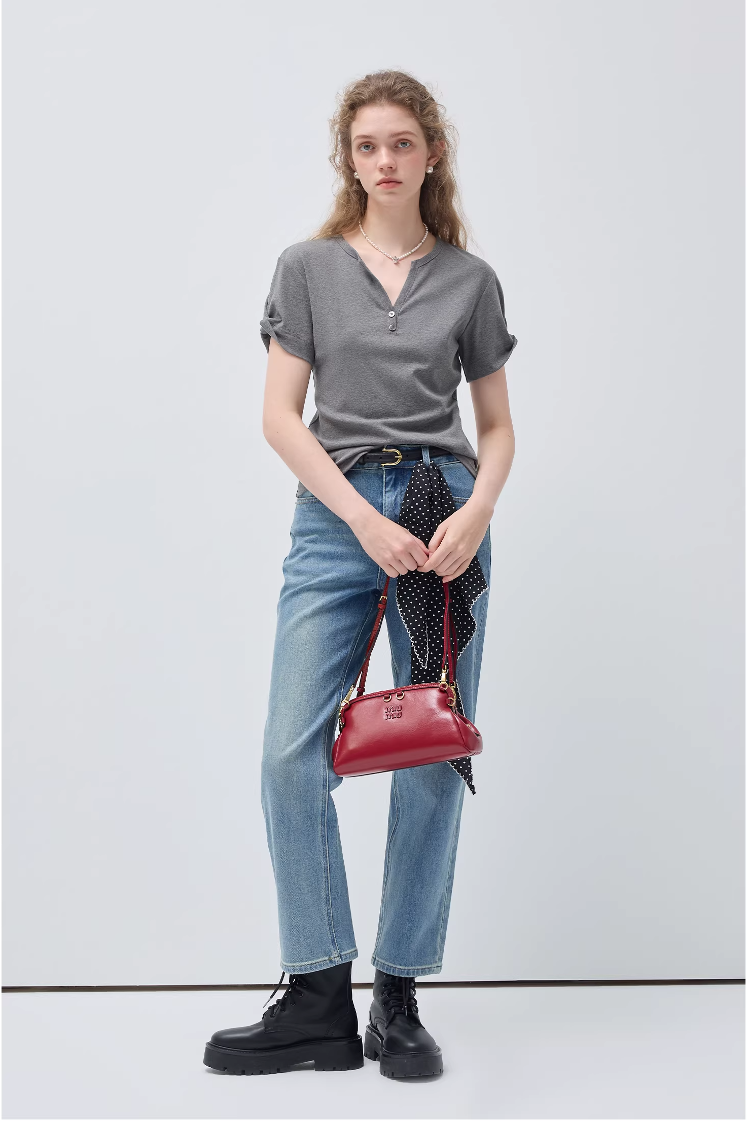 リトルVネックリンクル半袖TシャツC3542