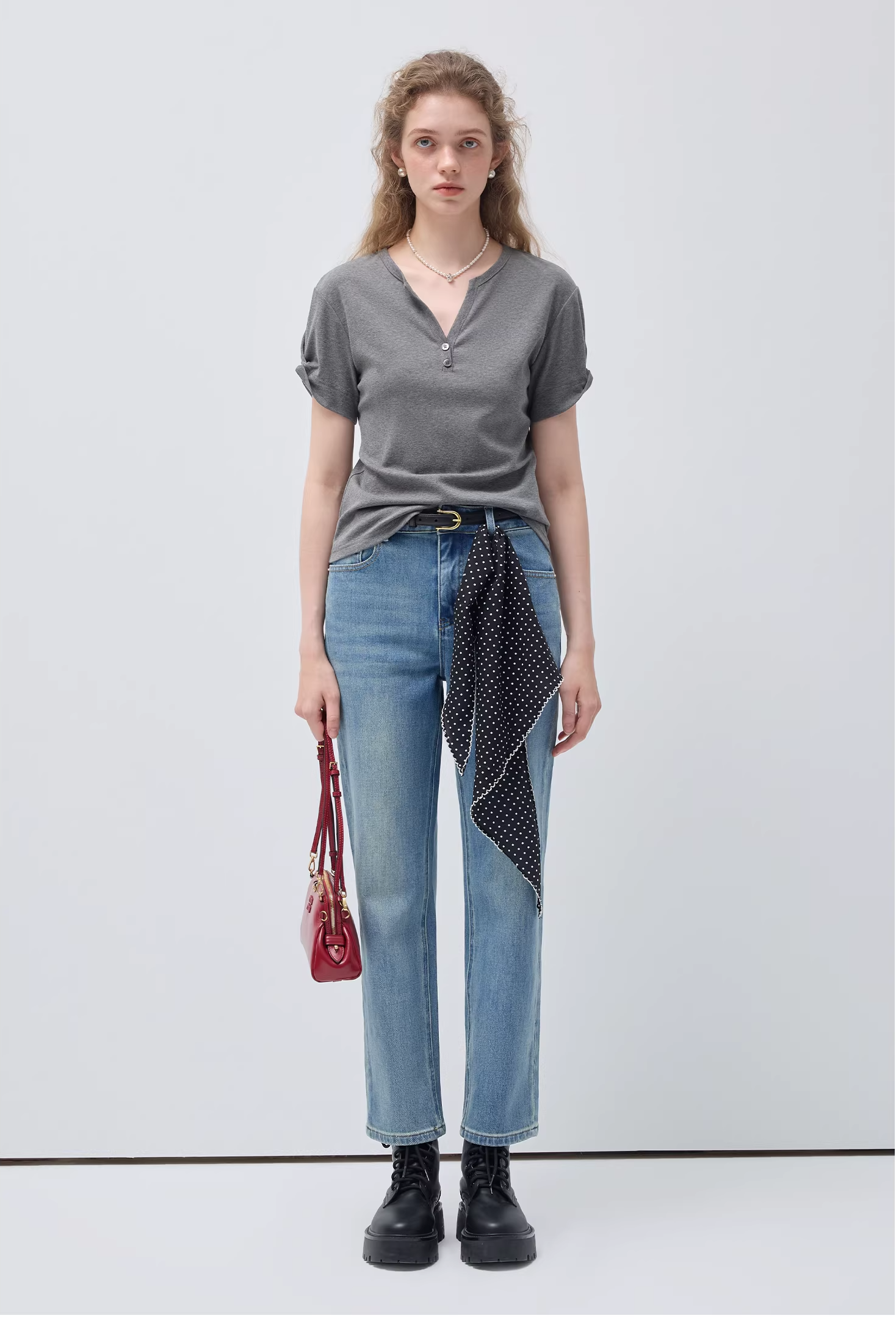 リトルVネックリンクル半袖TシャツC3542