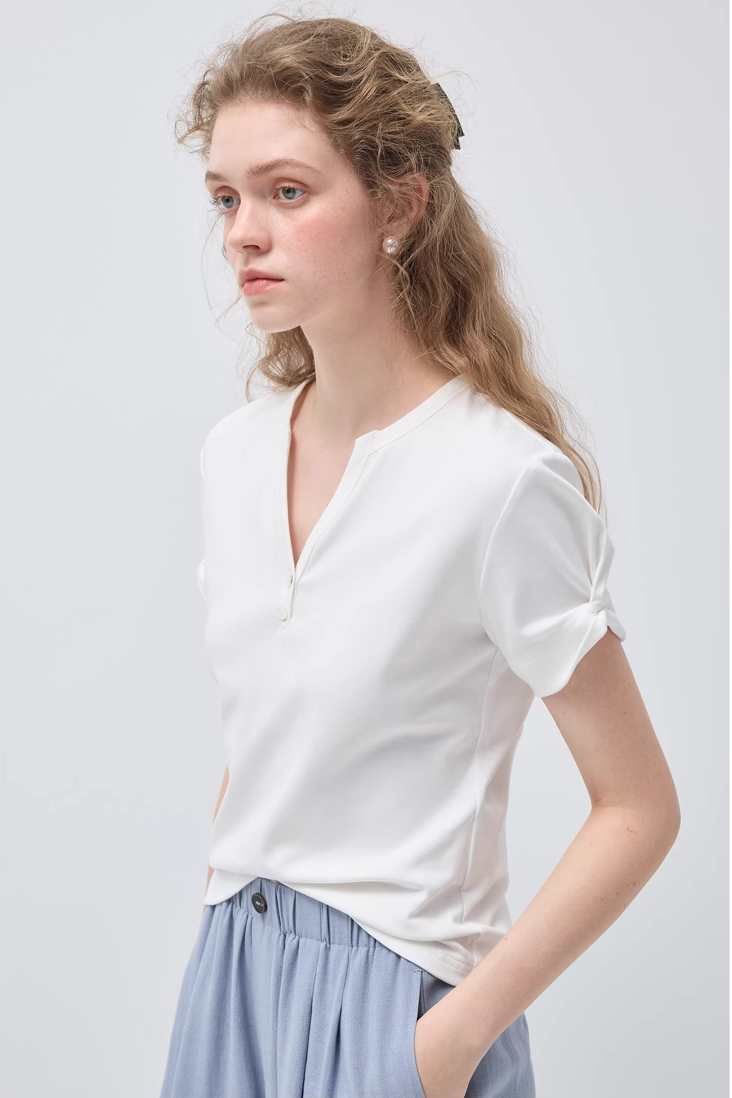 リトルVネックリンクル半袖TシャツC3542