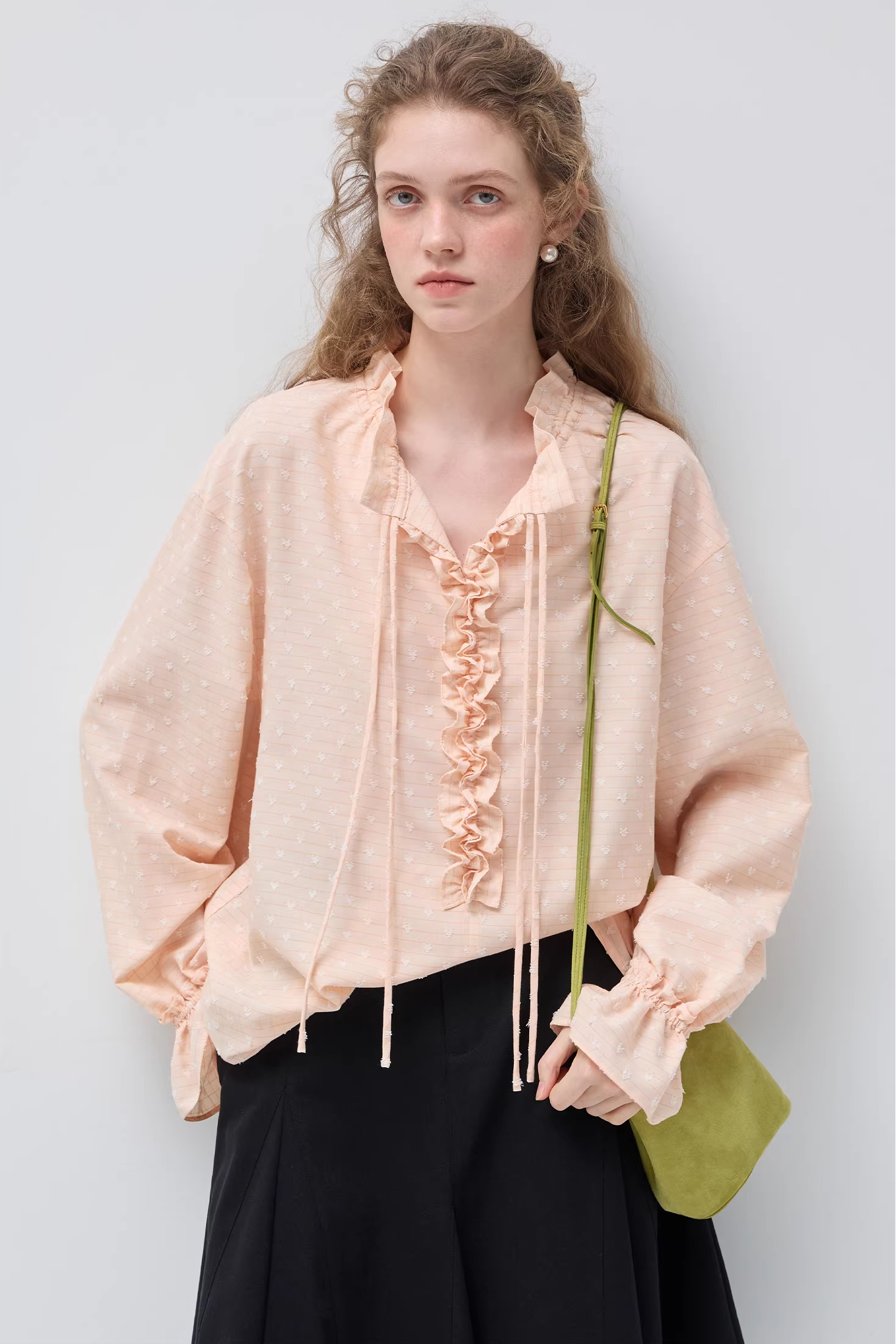 VネックフリルバンディングルーズシャツC3545