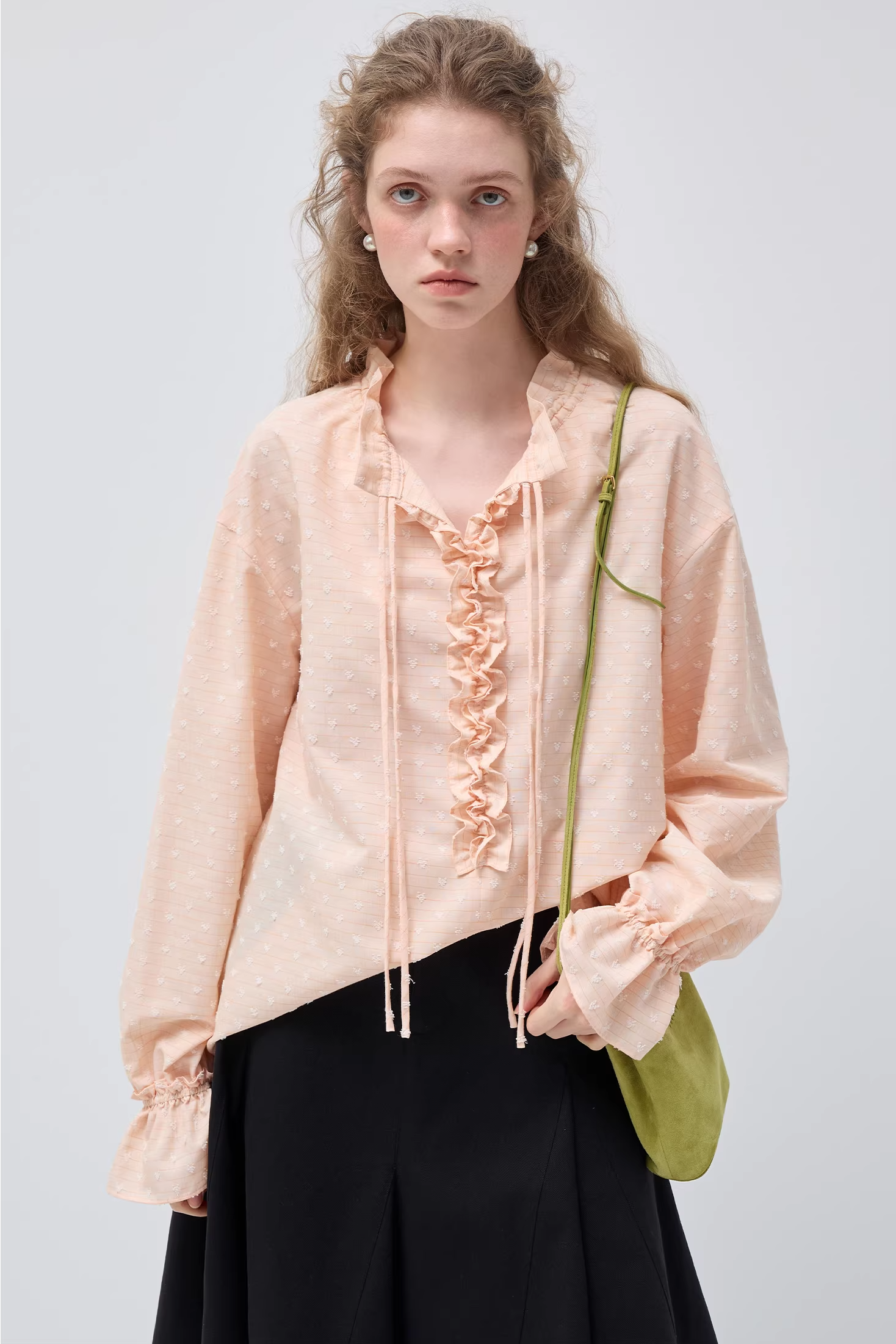 VネックフリルバンディングルーズシャツC3545