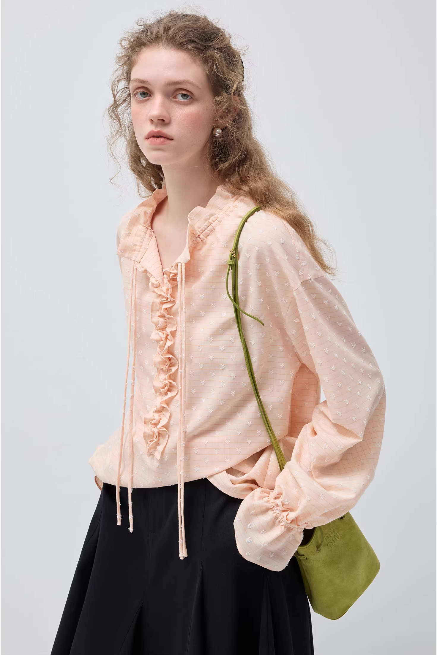 VネックフリルバンディングルーズシャツC3545