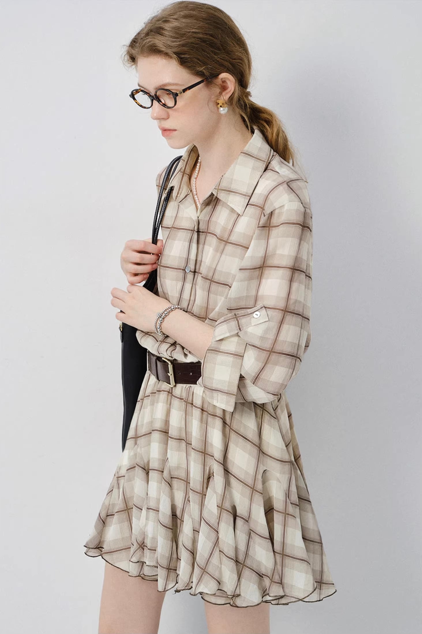 ブラウンチェックシャツワンピースC3572