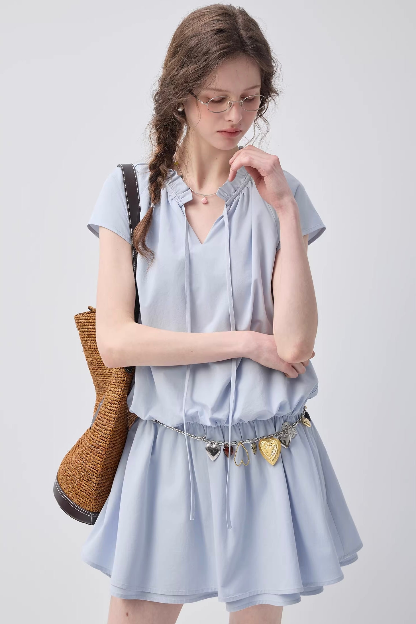 リボンデザインバルーンシルエットワンピースC3637