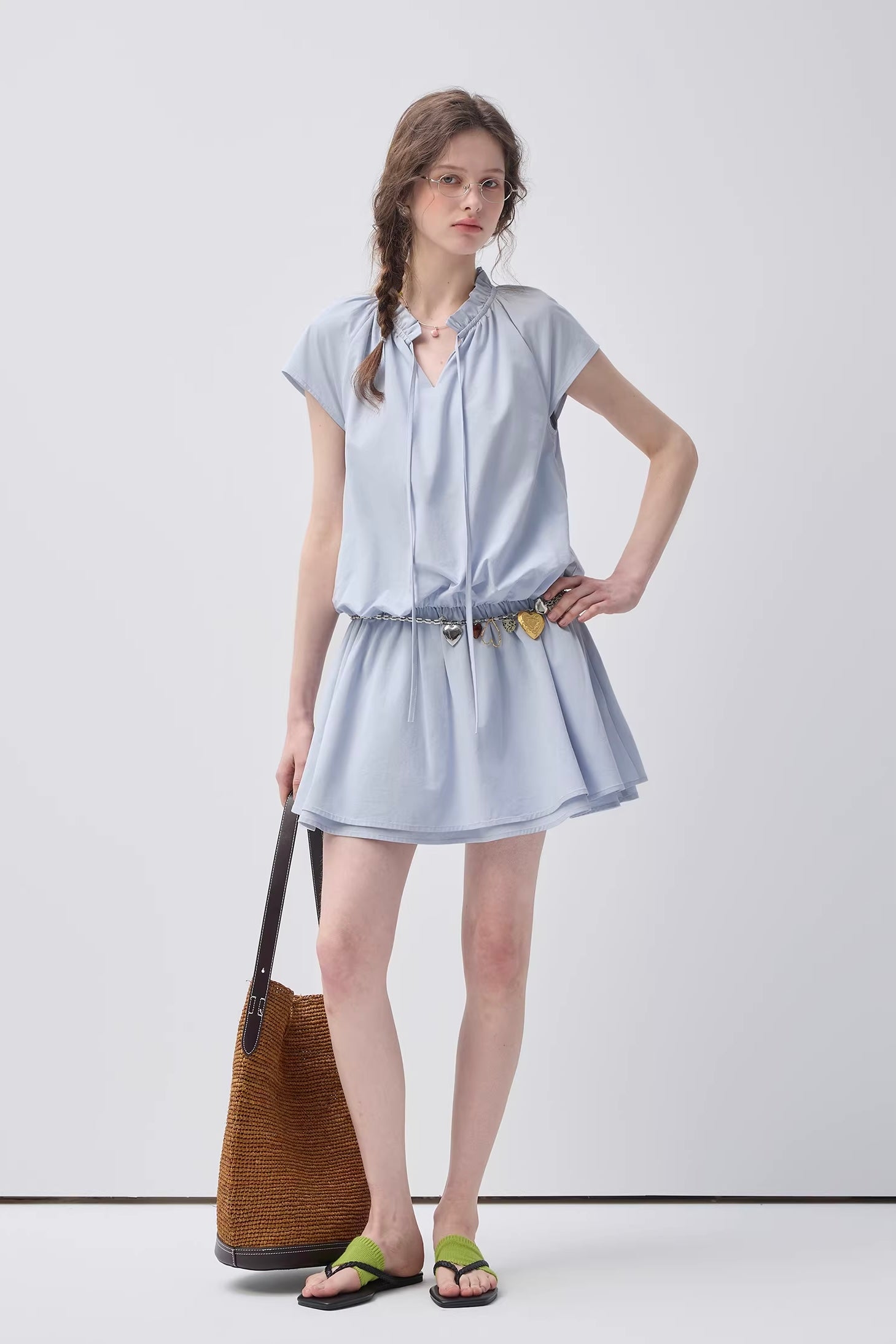 リボンデザインバルーンシルエットワンピースC3637