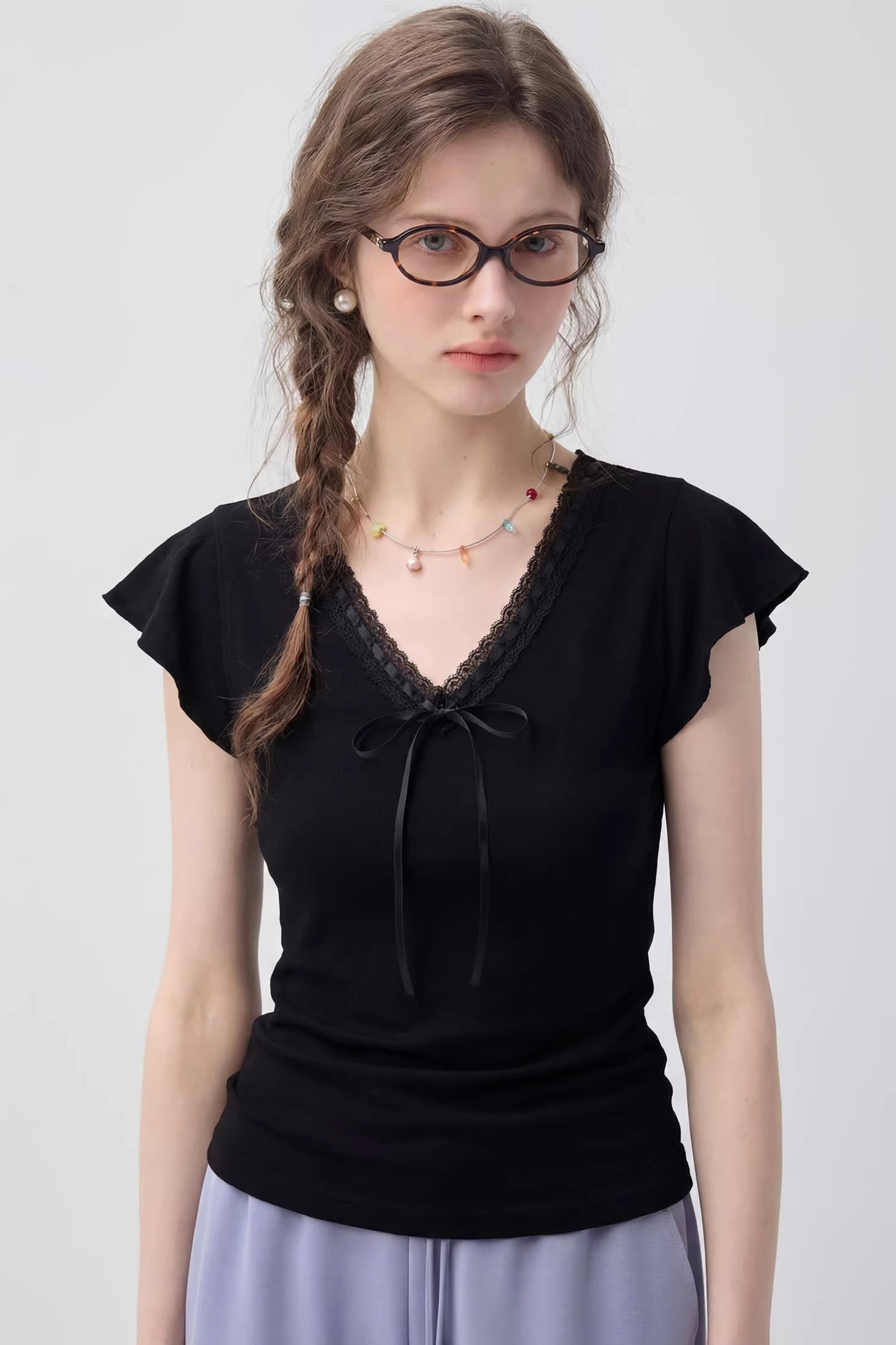 VネックフリルリボンフレンチスリーブトップスC3644