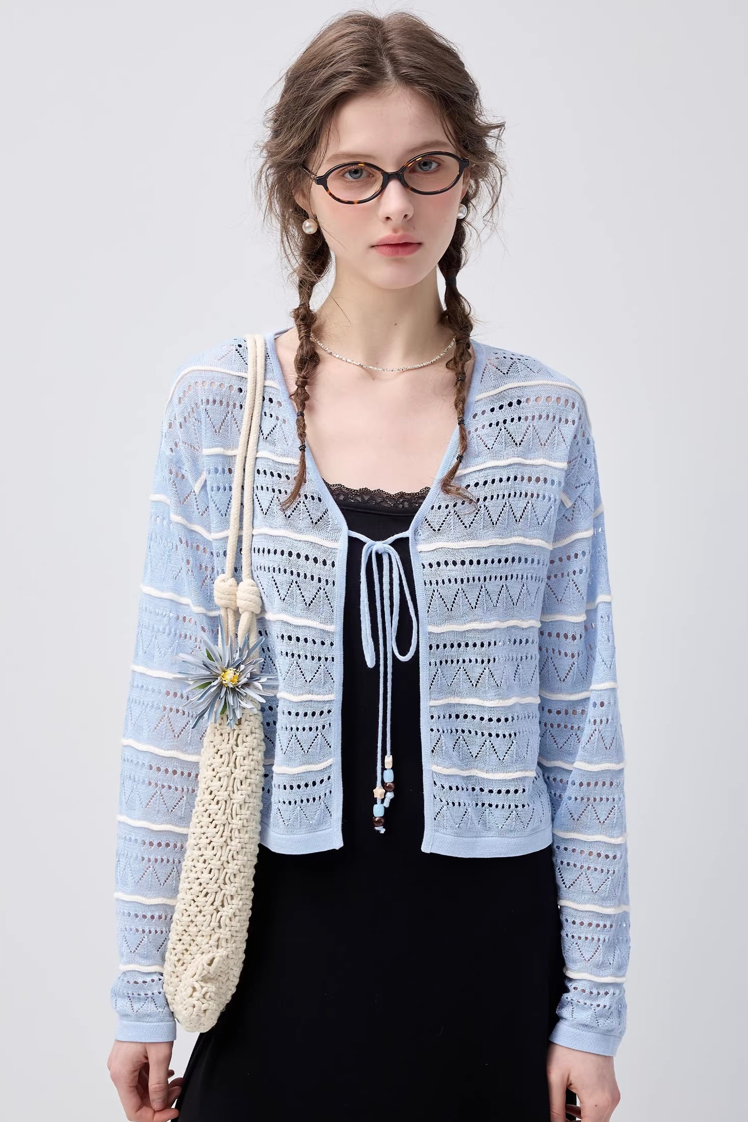 VネックリボンアクセントストライプニットカーディガンC3445