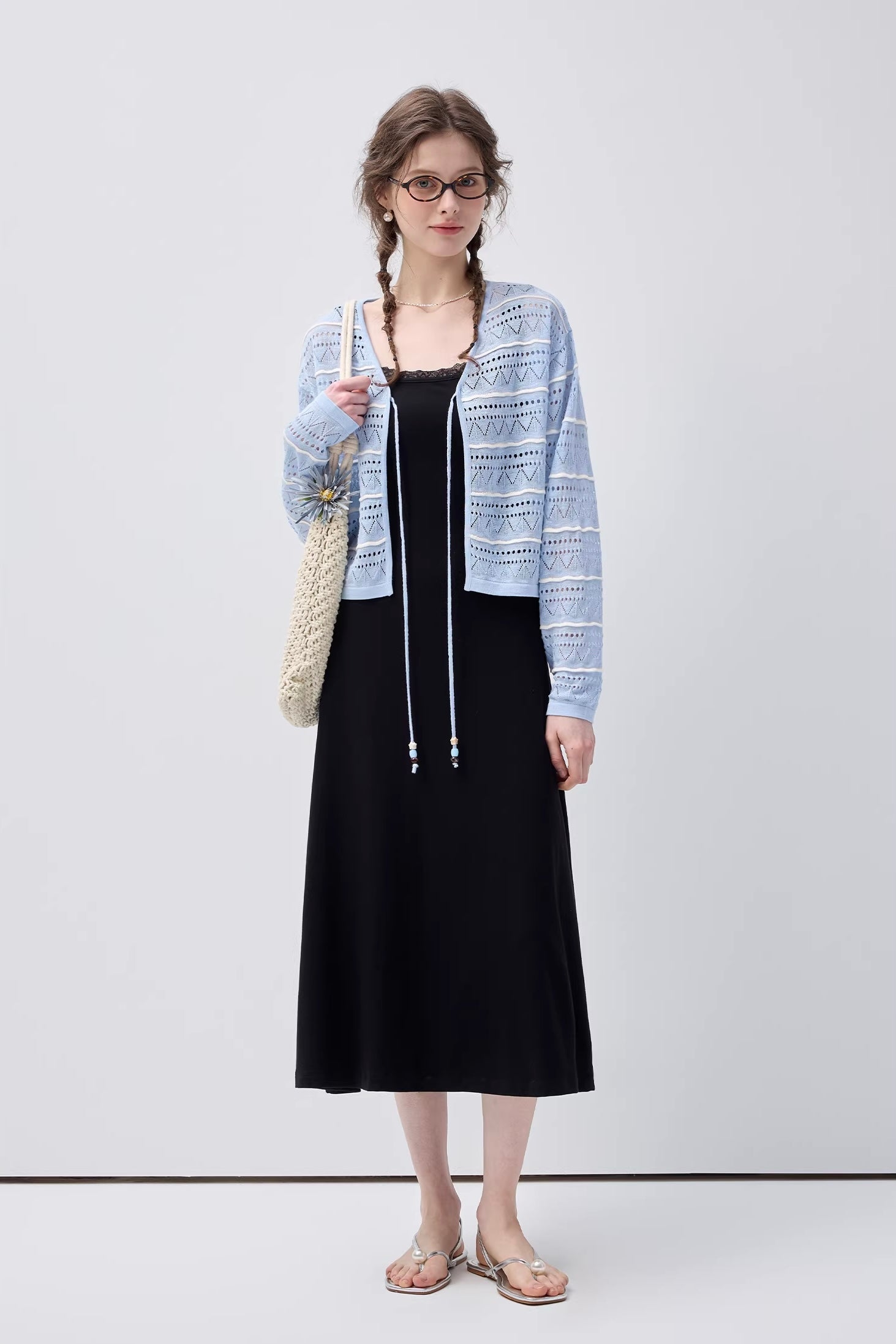 VネックリボンアクセントストライプニットカーディガンC3445