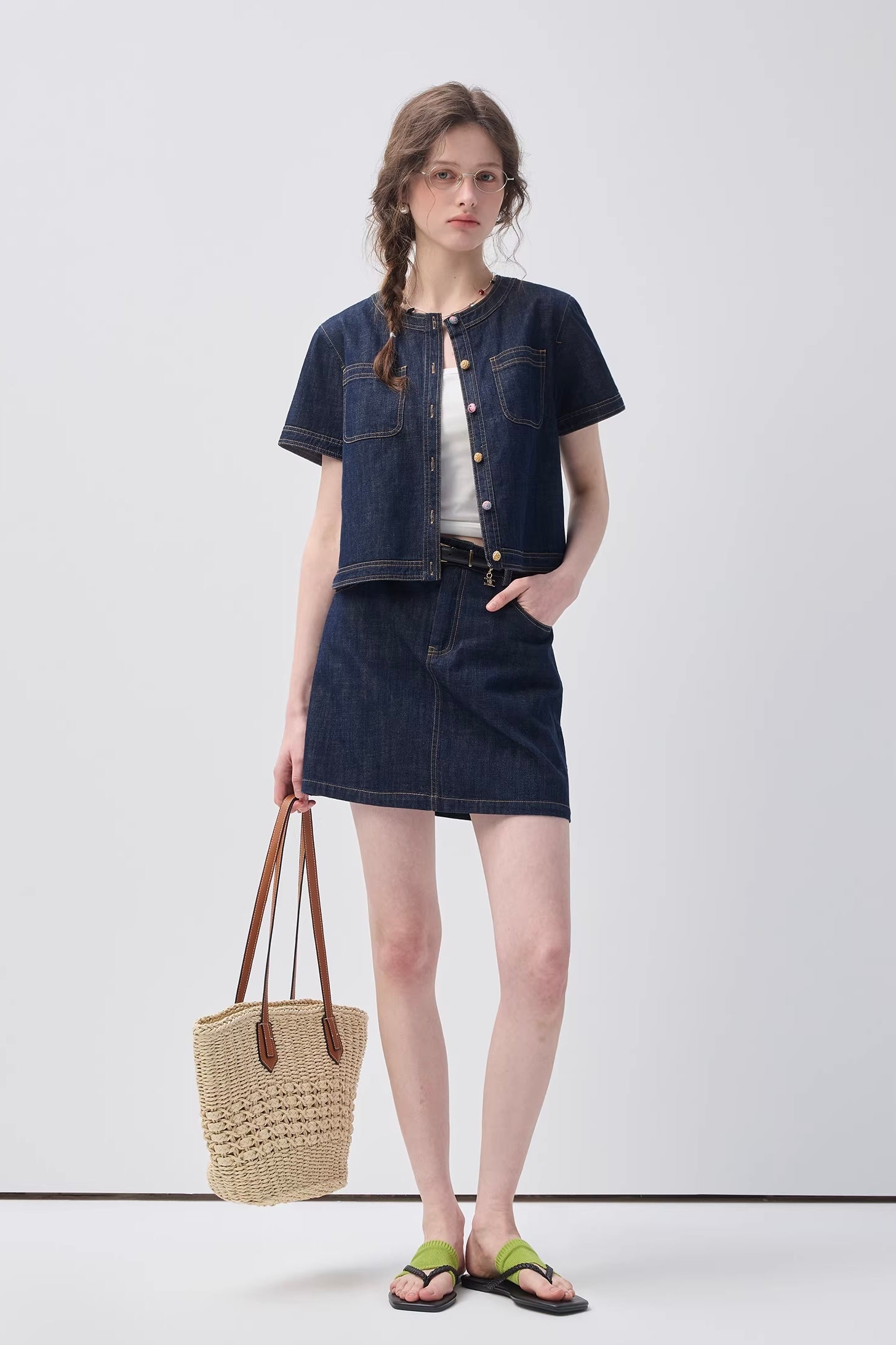 ラウンドネックトップス+コットンAラインショートパンツ セットアップC3651