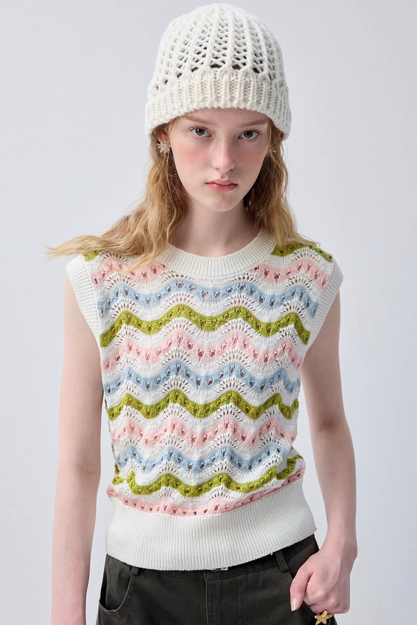 マルチカラーアクセントストライプニットトップスC3656