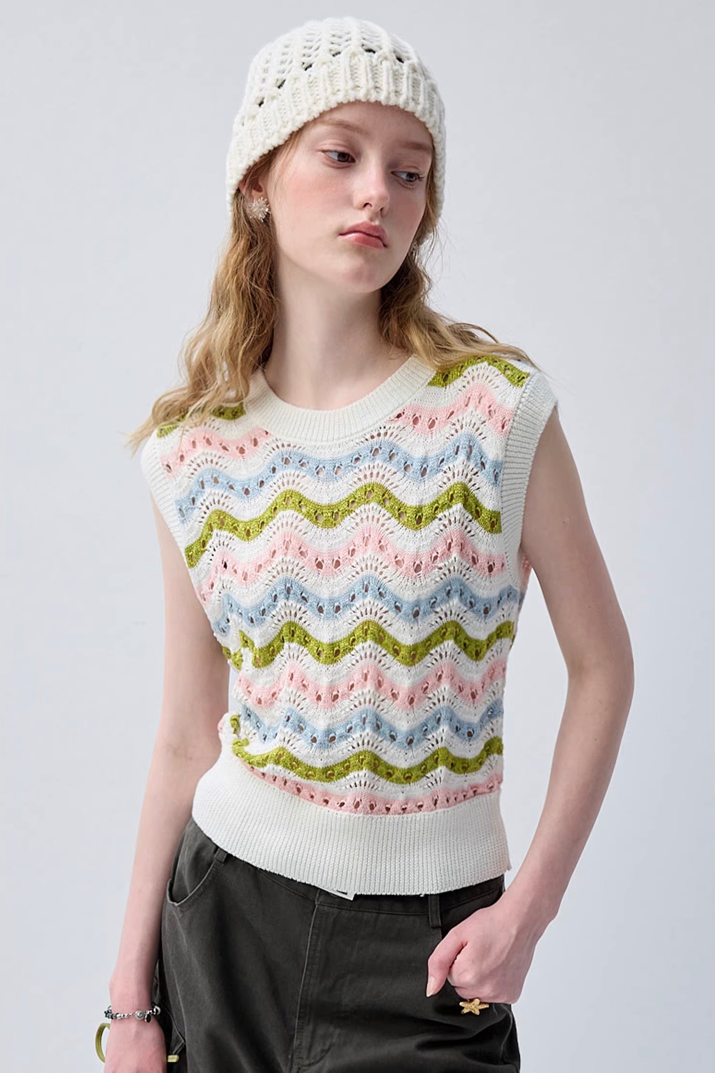 マルチカラーアクセントストライプニットトップスC3656