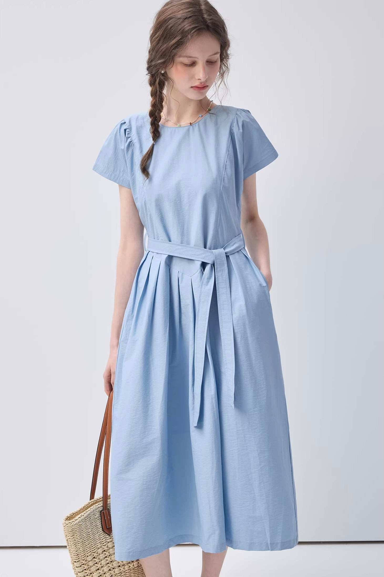 ラウンドネックウエストシェイプワンピースC3711