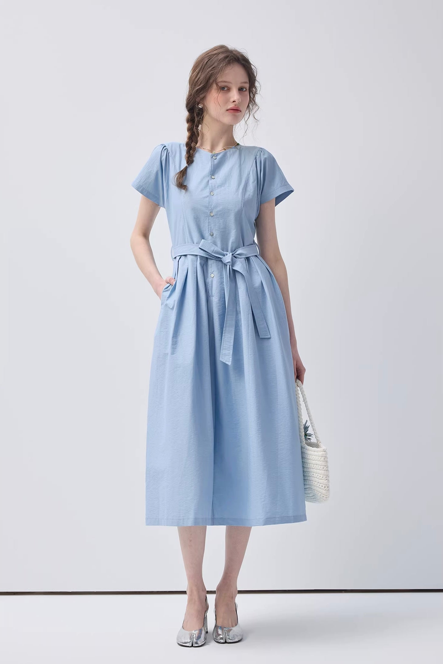 ラウンドネックウエストシェイプワンピースC3711