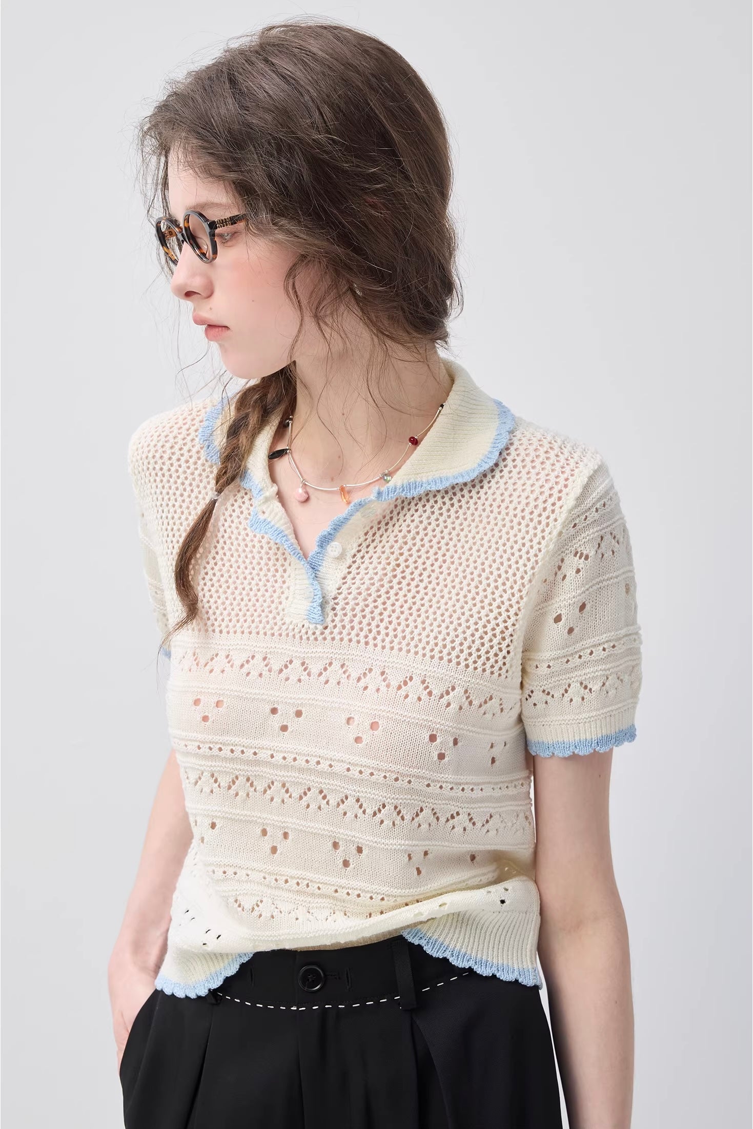 透かし編みクロシェニットトップスC3712