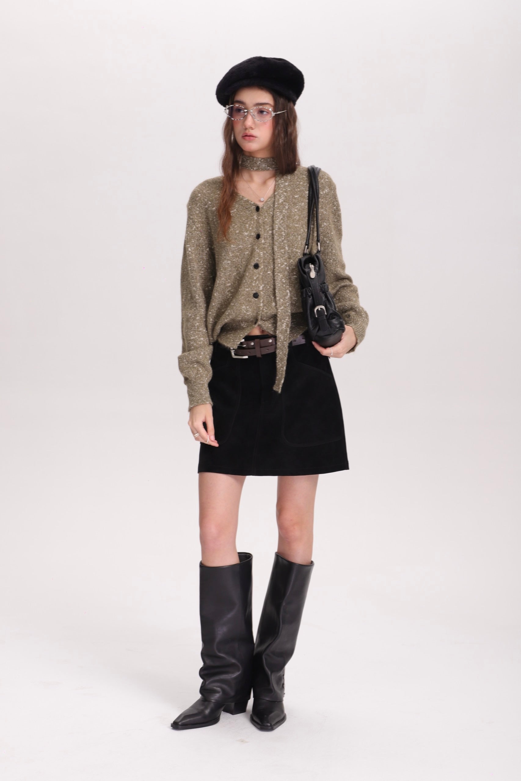 メランジVカーデ × グレーミニスカートセットT3002