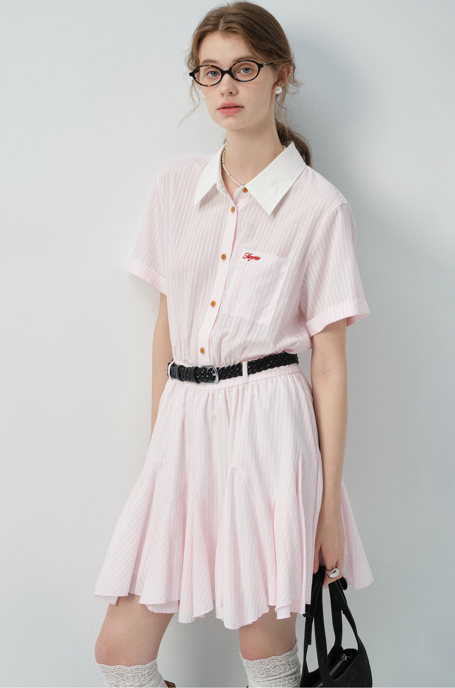 左胸刺繍ストライプシャツワンピースC2866