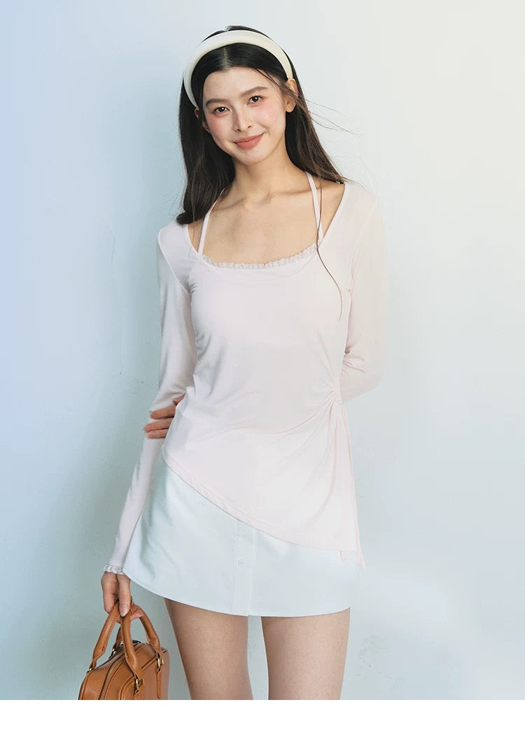 ギャザードローストリングUネックTシャツT2673
