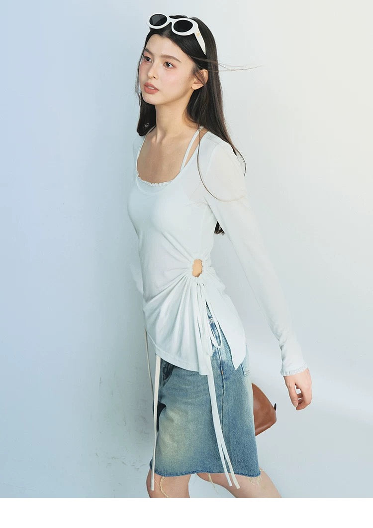 ギャザードローストリングUネックTシャツT2673