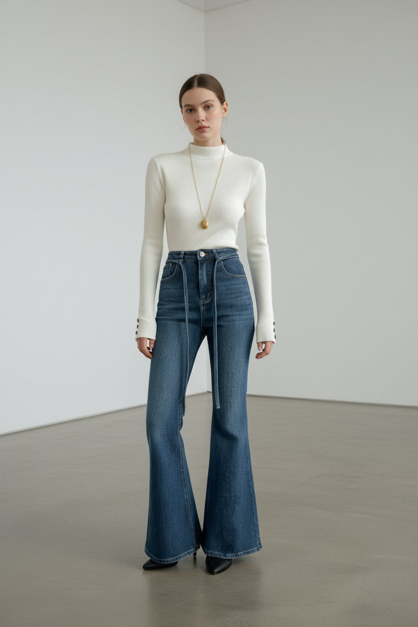 エッセンシャルリブモックネックトップス × セミフレアデニムパンツ セット T3004