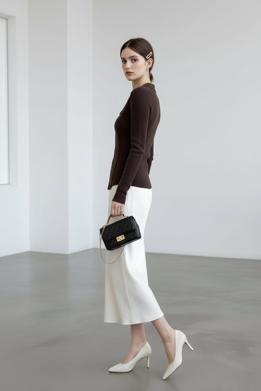 テーラードリブニット × サテンライクフレアロングスカート セット T3009