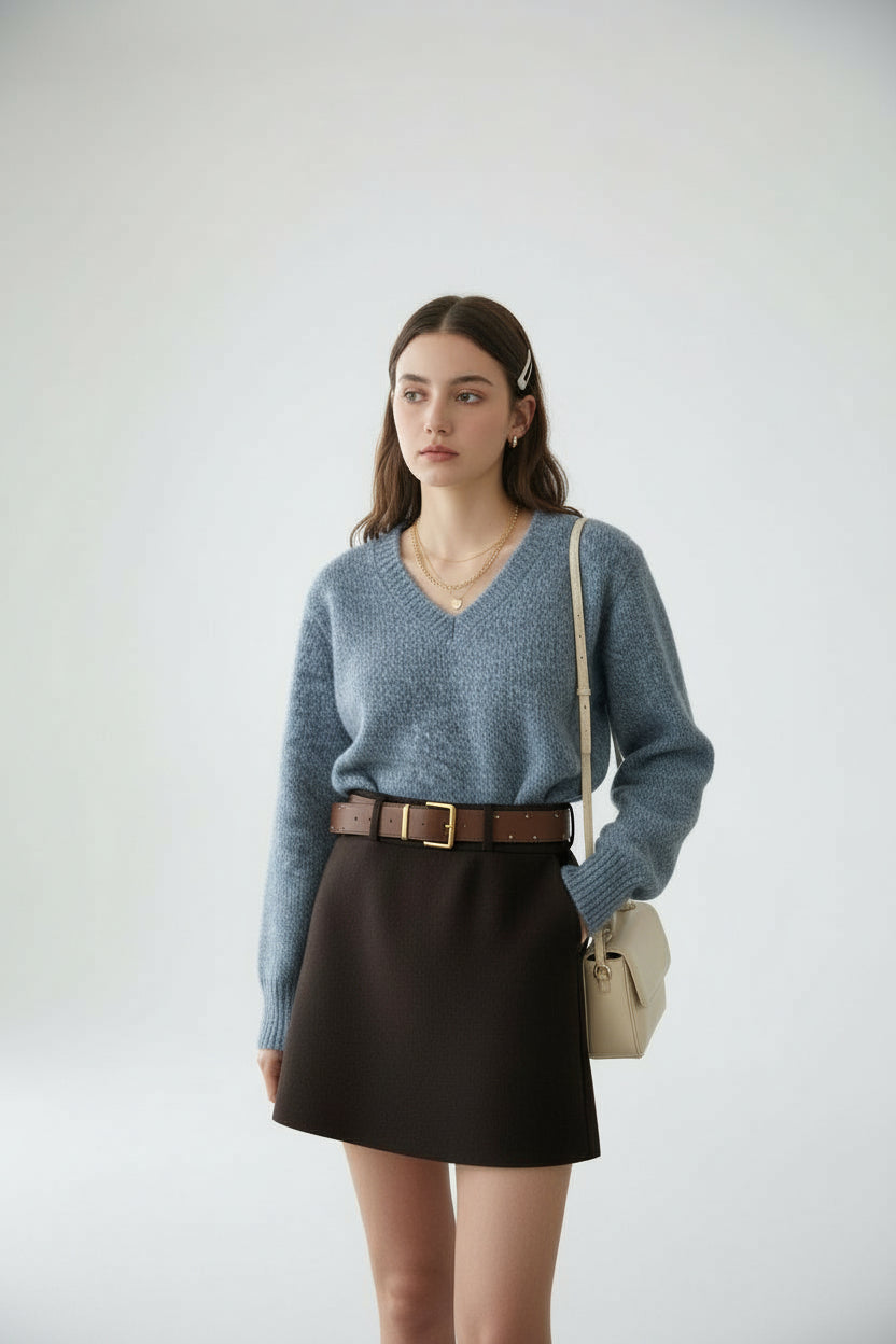 モーヴブルーニット × クラシックブラックミニセット T3003