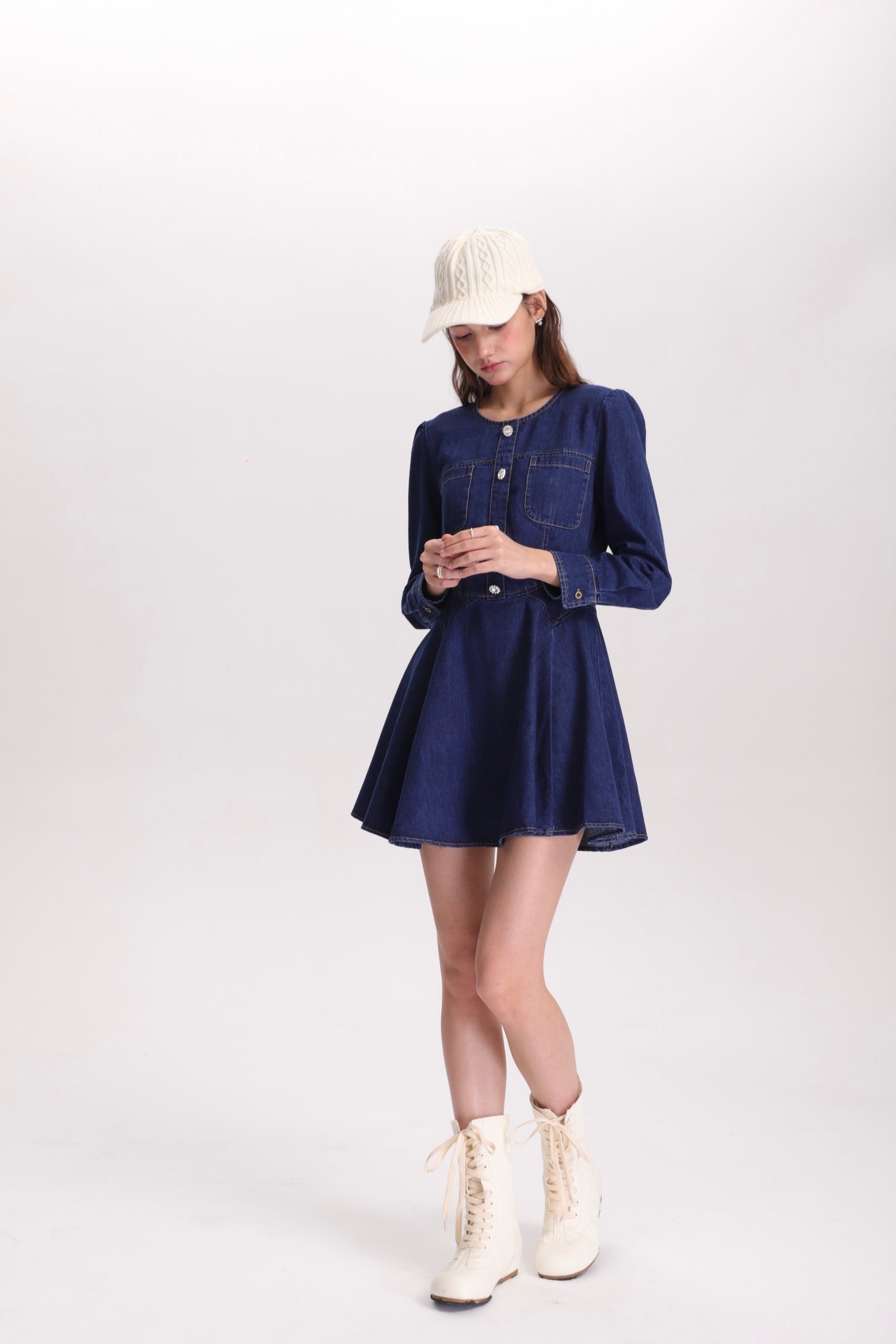 フィットアンドフレアデニムミニワンピース(長袖ver)C3363