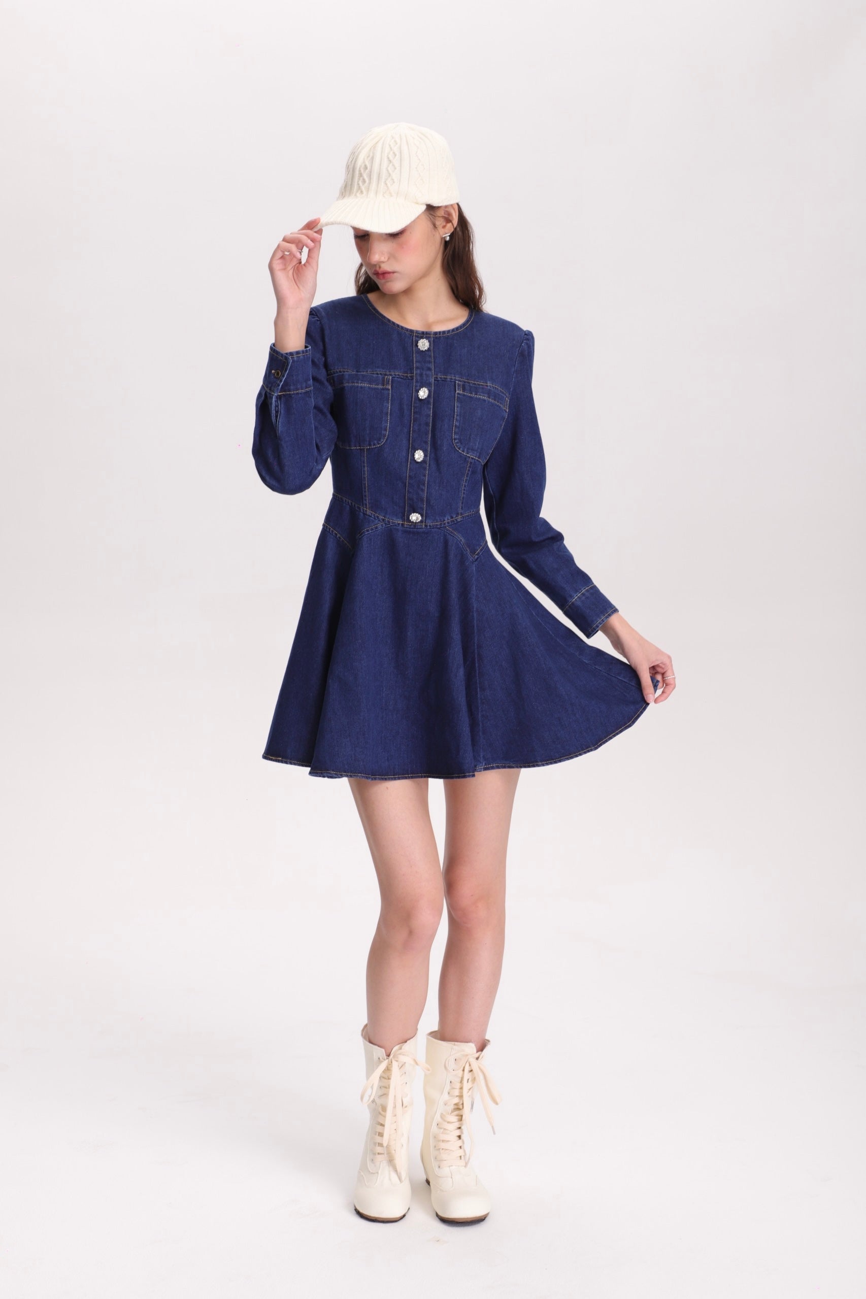 フィットアンドフレアデニムミニワンピース(長袖ver)C3363