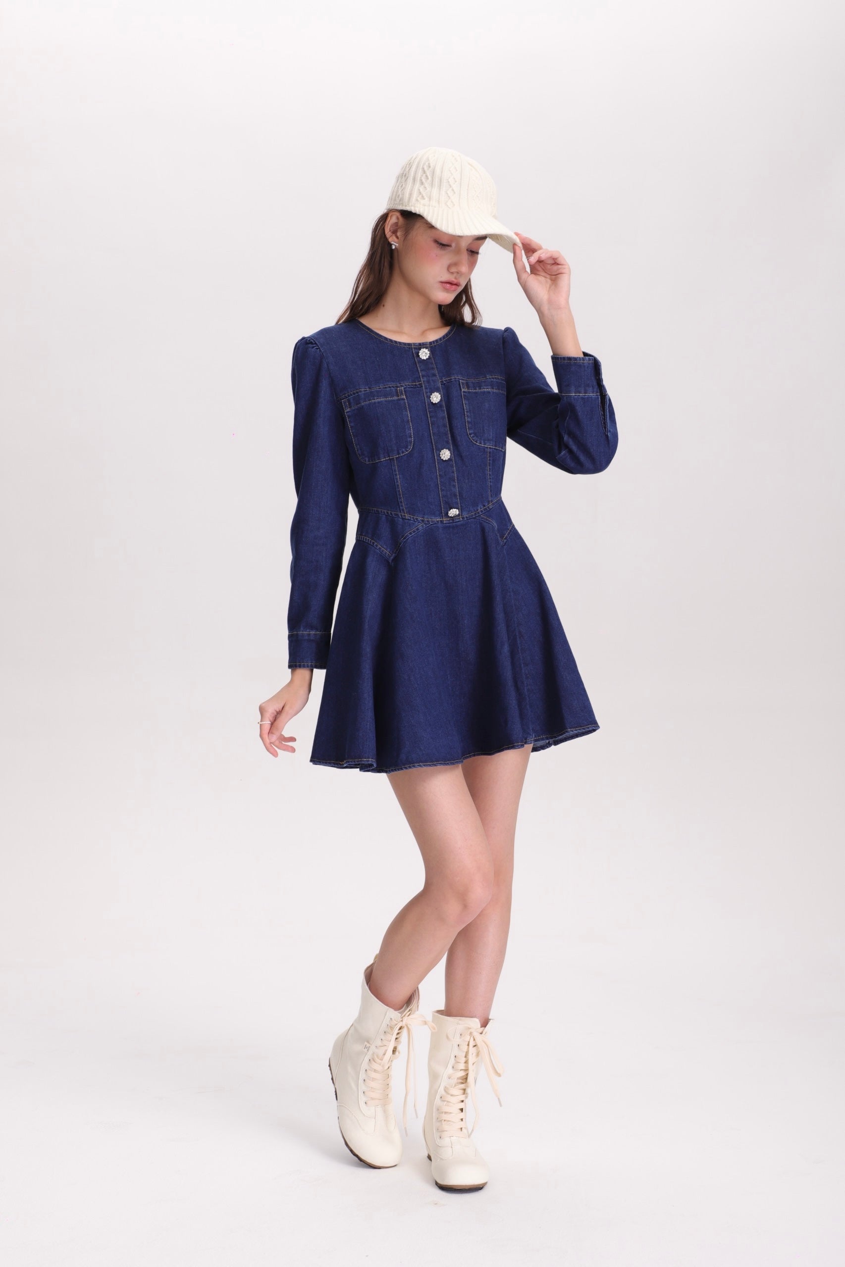 フィットアンドフレアデニムミニワンピース(長袖ver)C3363