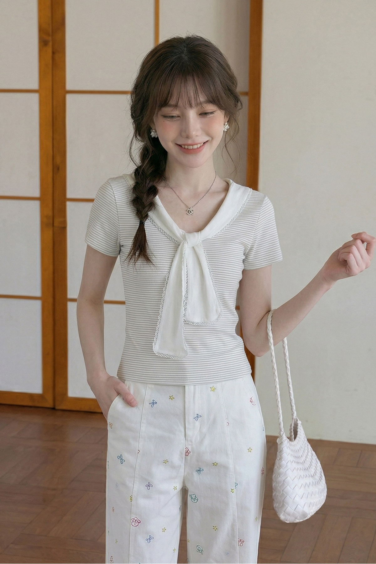 Vネックレースアップルーズ半袖TシャツC3786