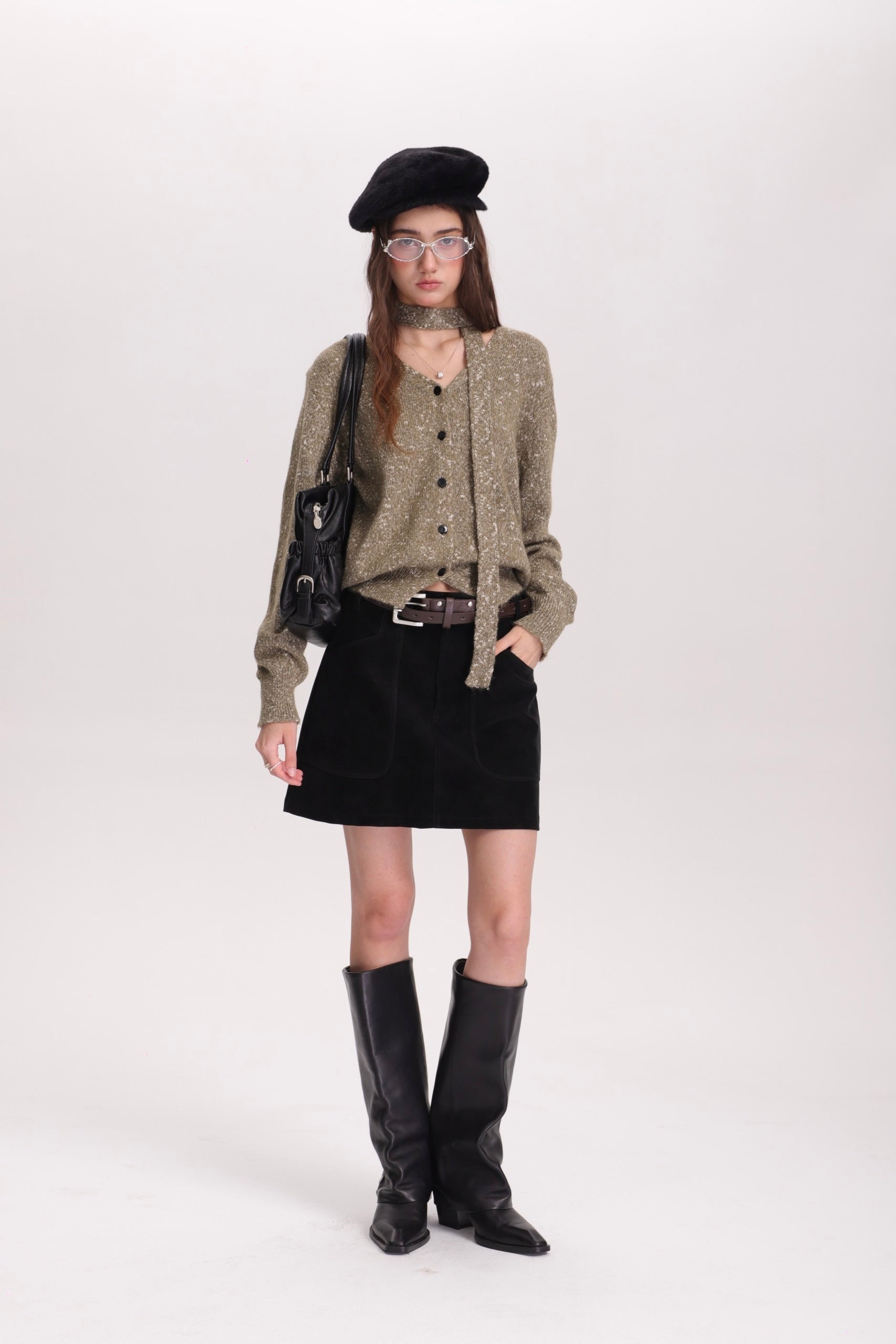 メランジVカーデ × グレーミニスカートセットT3002