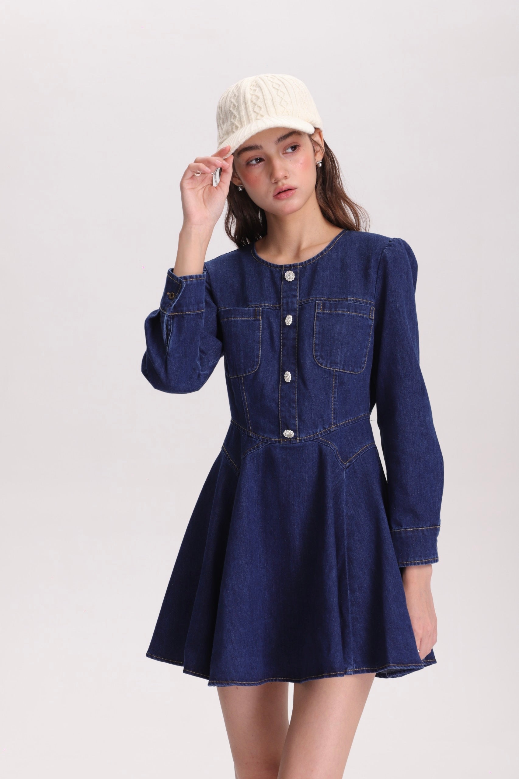 フィットアンドフレアデニムミニワンピース(長袖ver)C3363