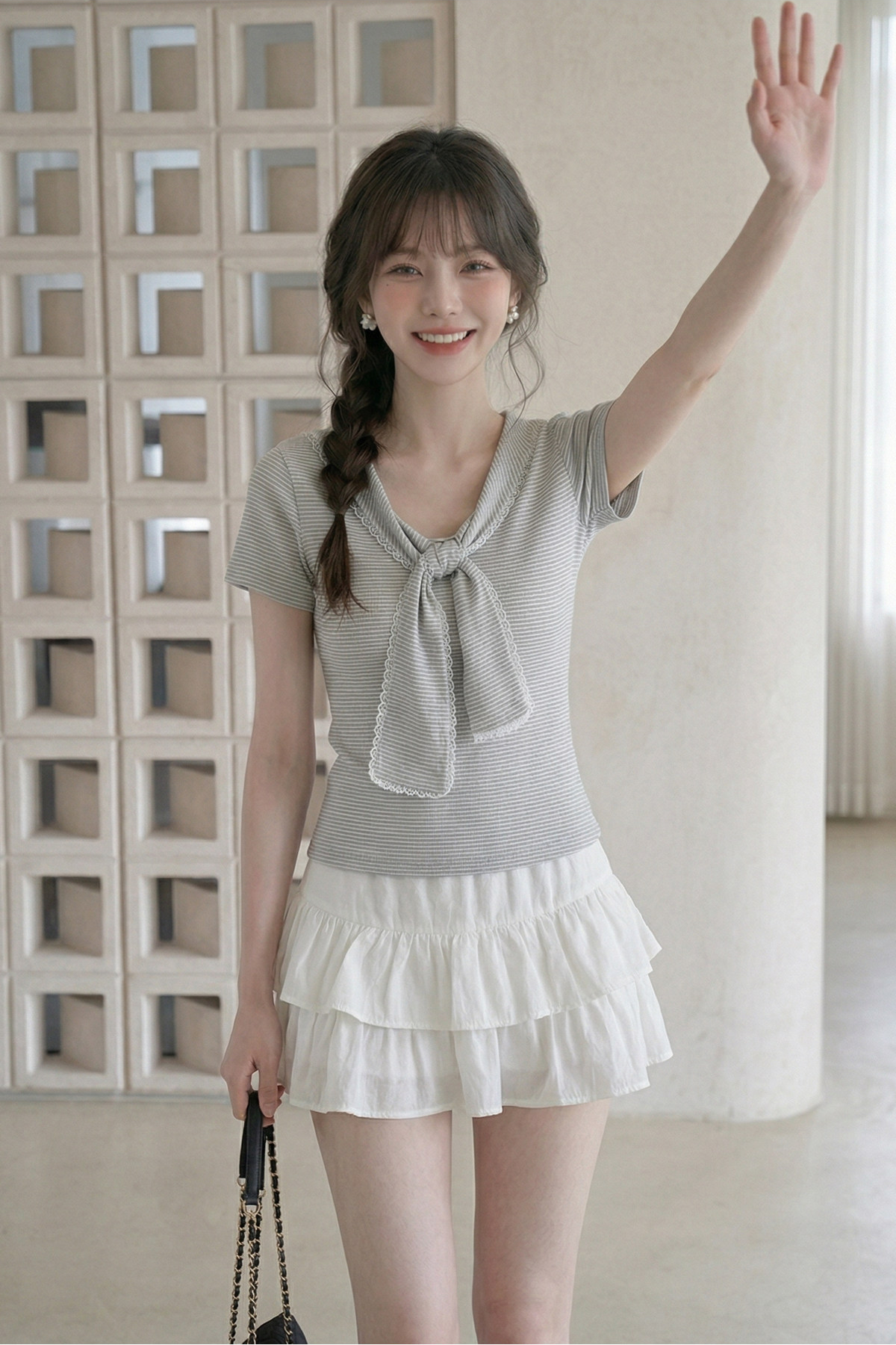 Vネックレースアップルーズ半袖TシャツC3786