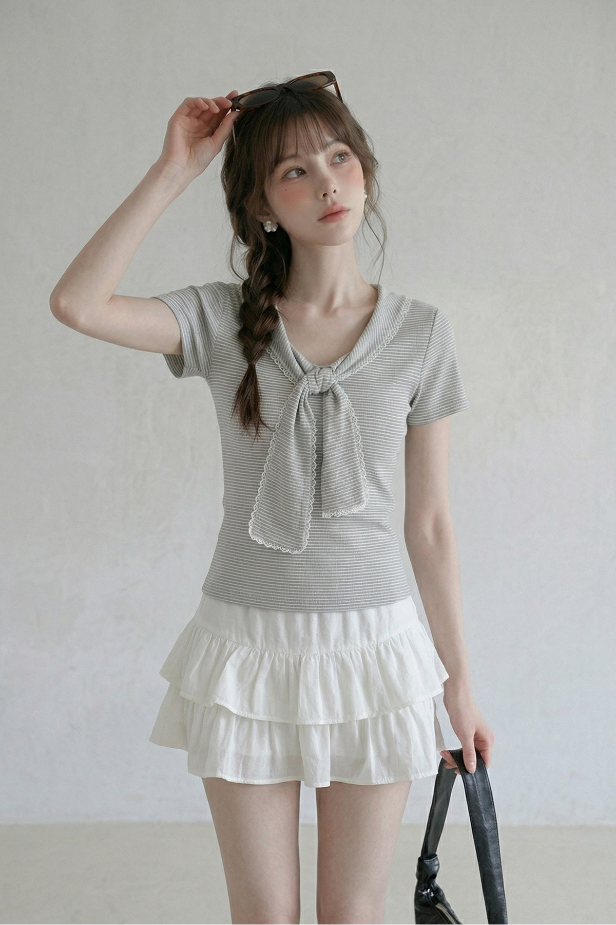 Vネックレースアップルーズ半袖TシャツC3786
