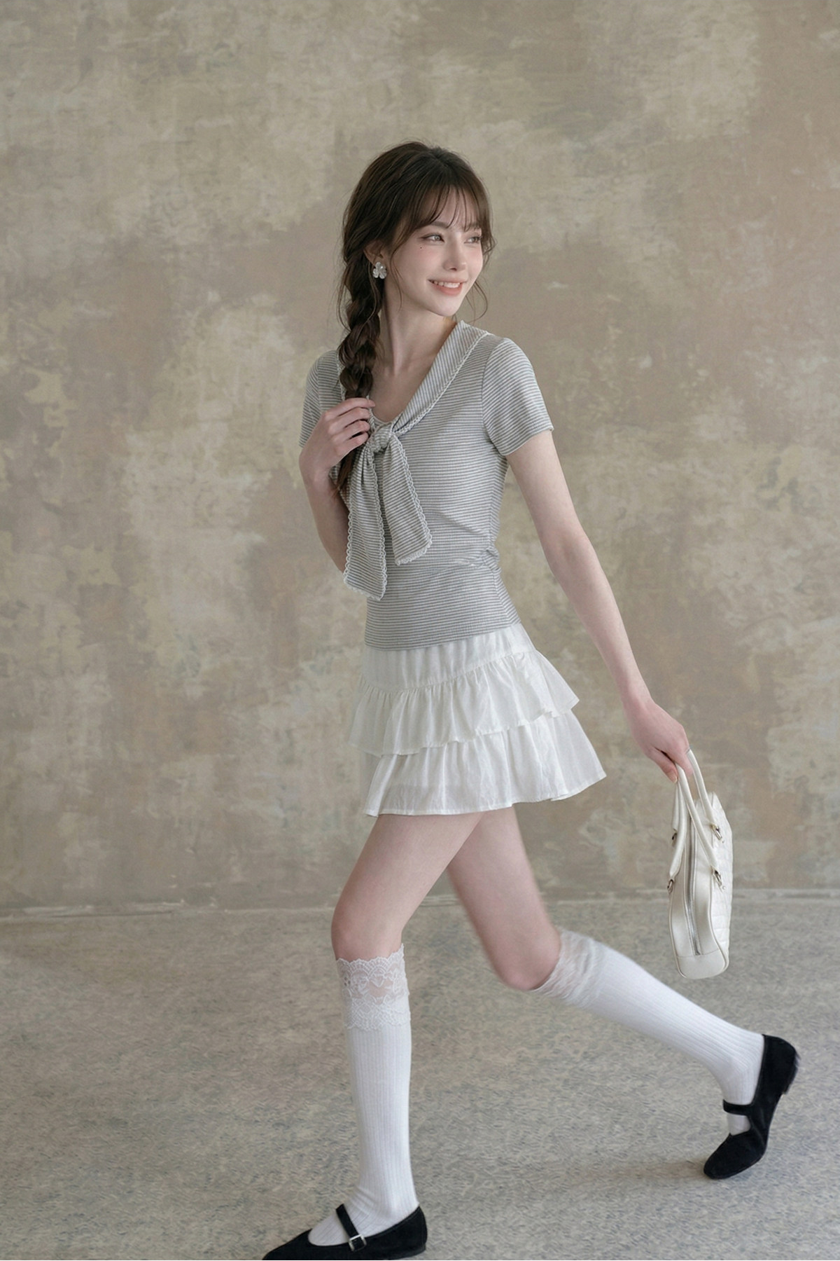 Vネックレースアップルーズ半袖TシャツC3786