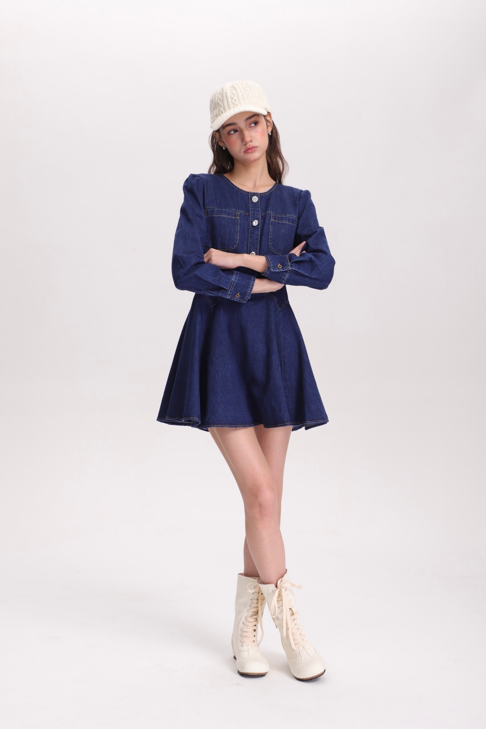 フィットアンドフレアデニムミニワンピース(長袖ver)C3363