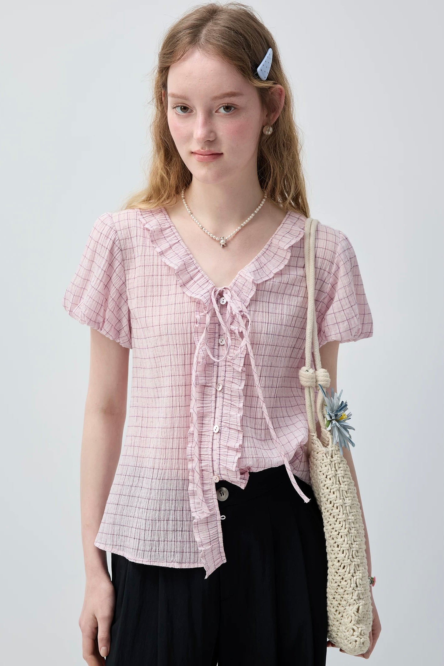 ピンクチェックフリルリボンブラウスC3769