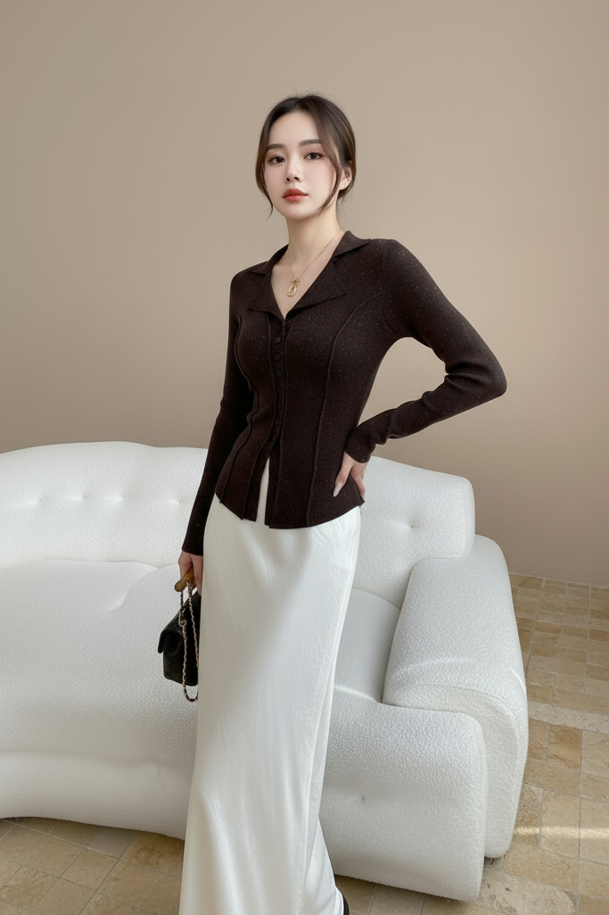 テーラードリブニット × サテンライクフレアロングスカート セット T3009