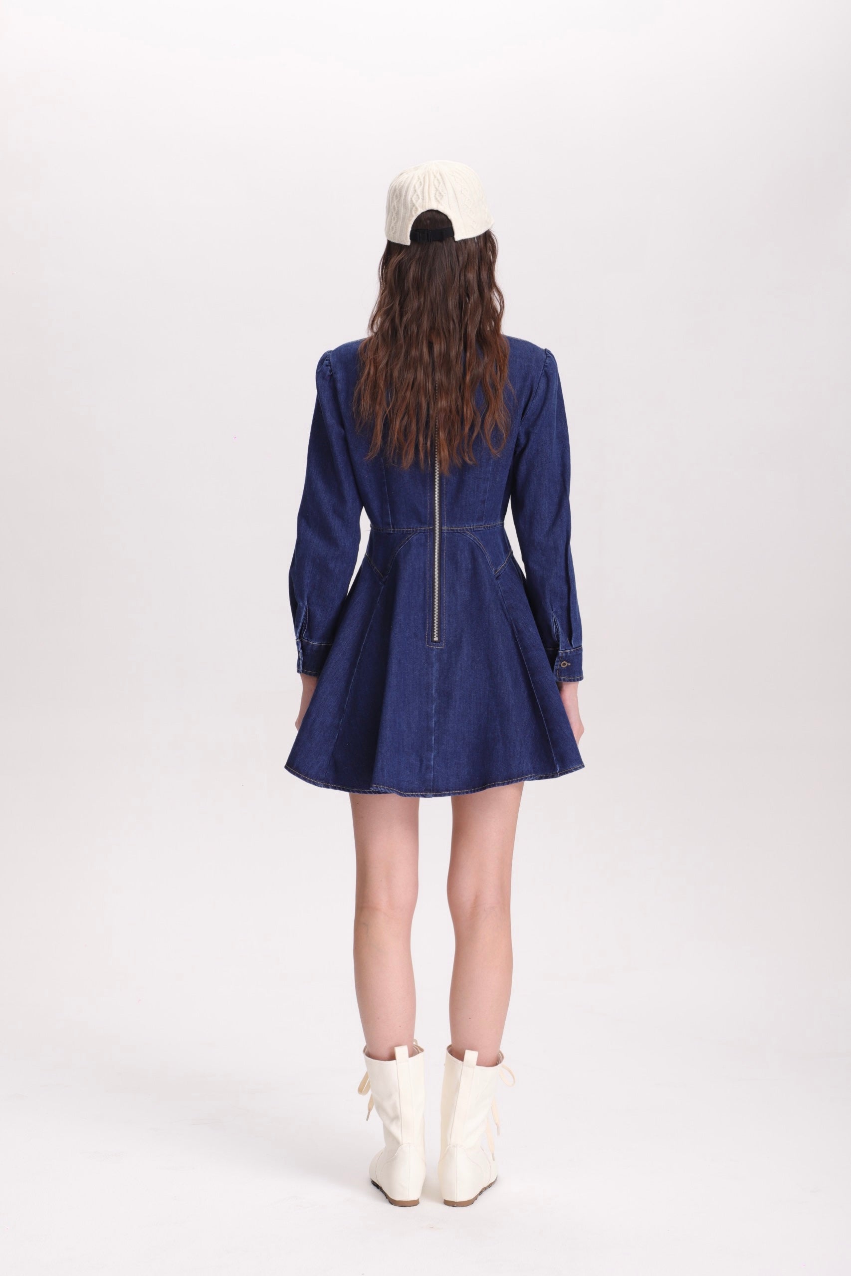 フィットアンドフレアデニムミニワンピース(長袖ver)C3363