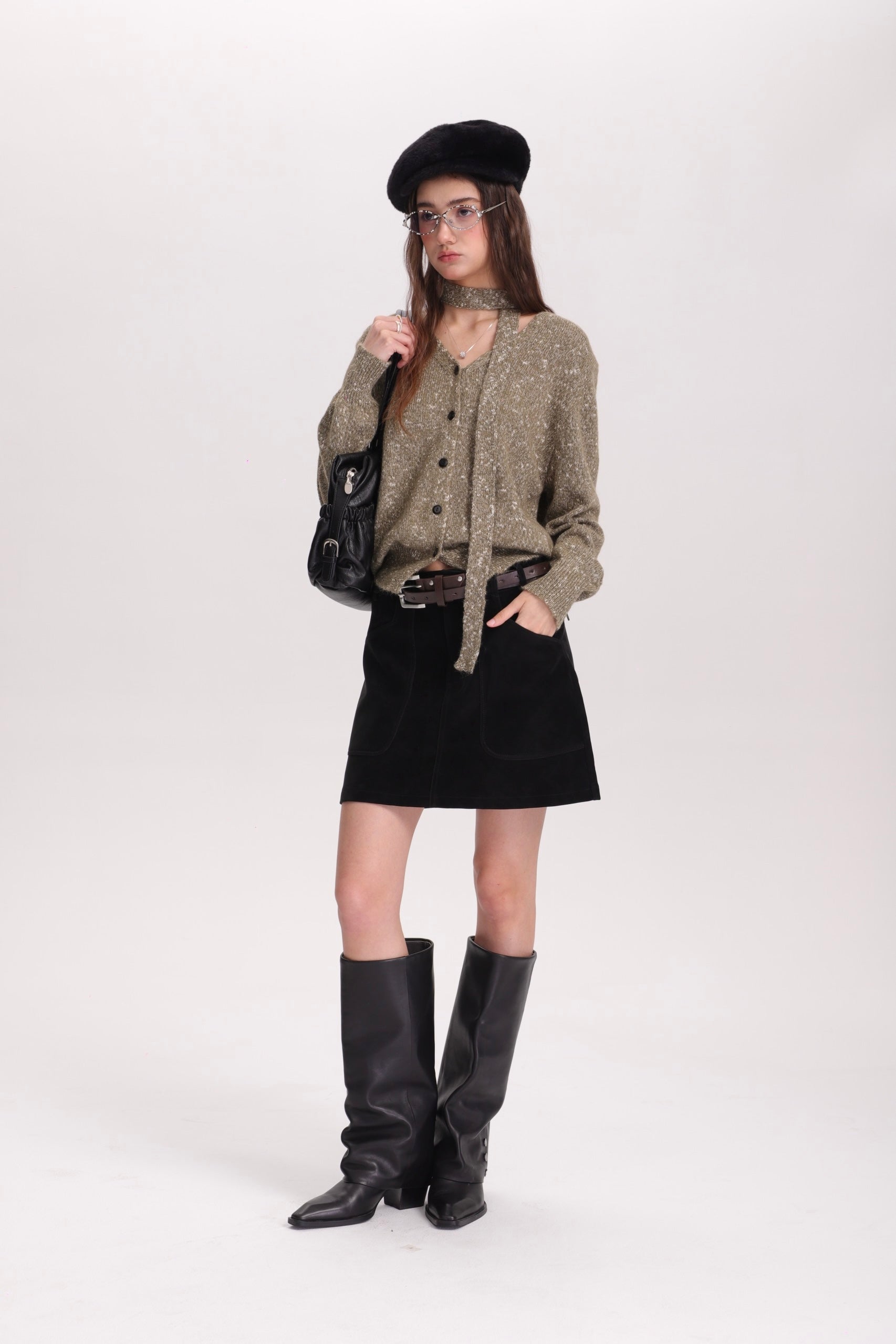 メランジVカーデ × グレーミニスカートセットT3002