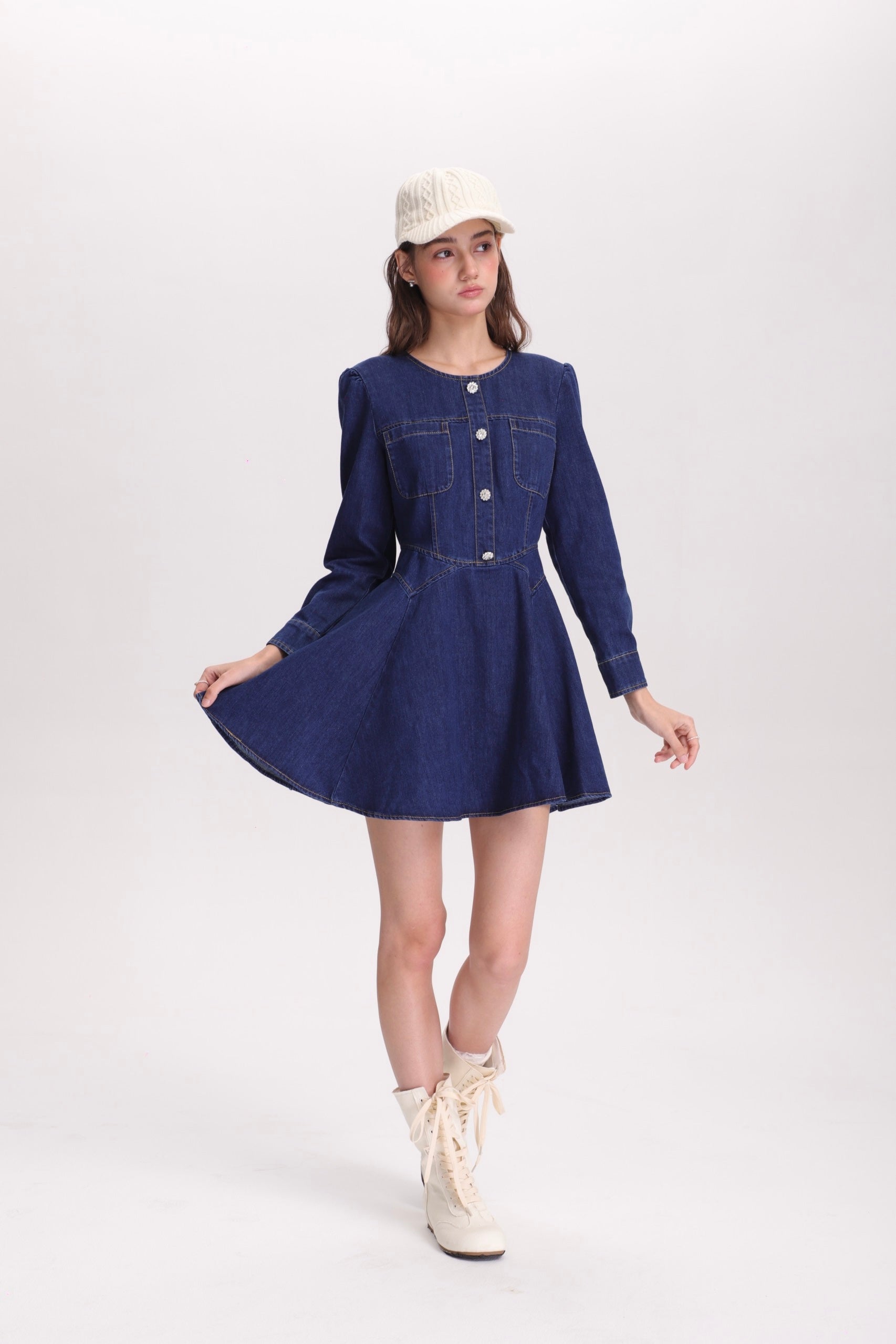 フィットアンドフレアデニムミニワンピース(長袖ver)C3363