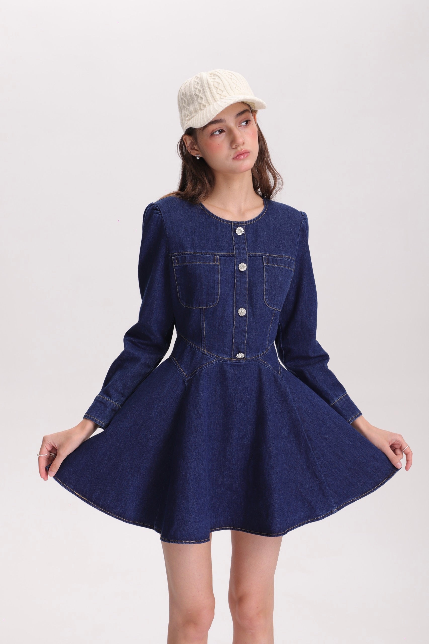 フィットアンドフレアデニムミニワンピース(長袖ver)C3363