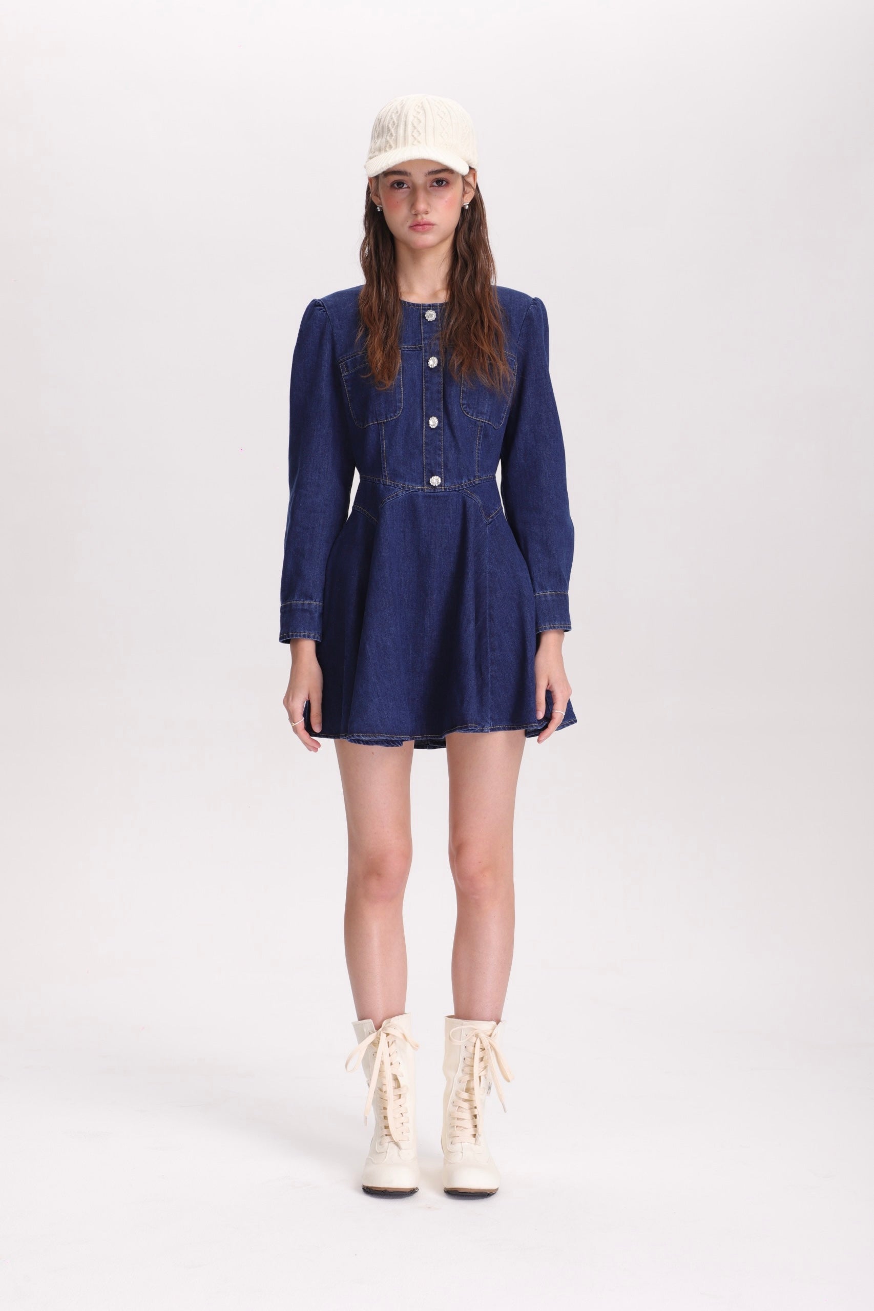 フィットアンドフレアデニムミニワンピース(長袖ver)C3363