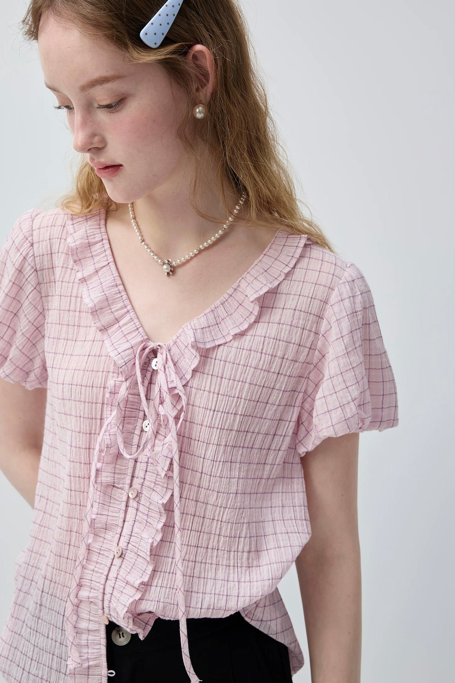 ピンクチェックフリルリボンブラウスC3769