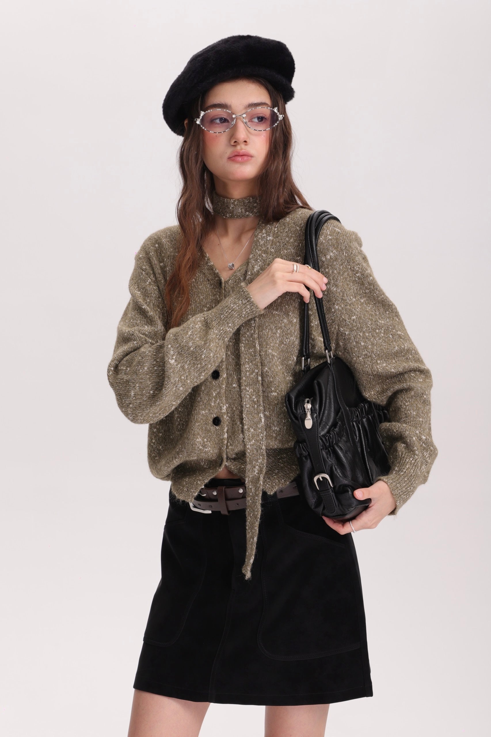 メランジVカーデ × グレーミニスカートセットT3002