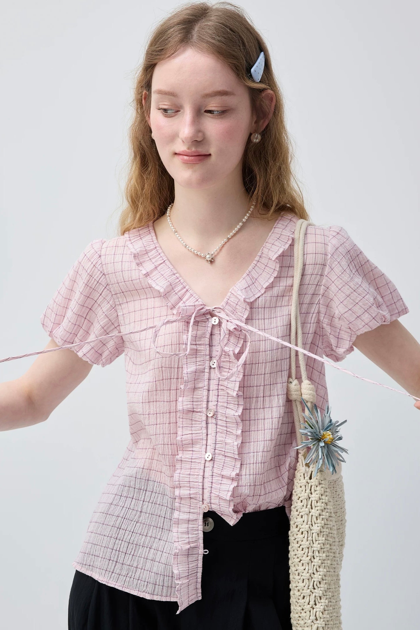 ピンクチェックフリルリボンブラウスC3769