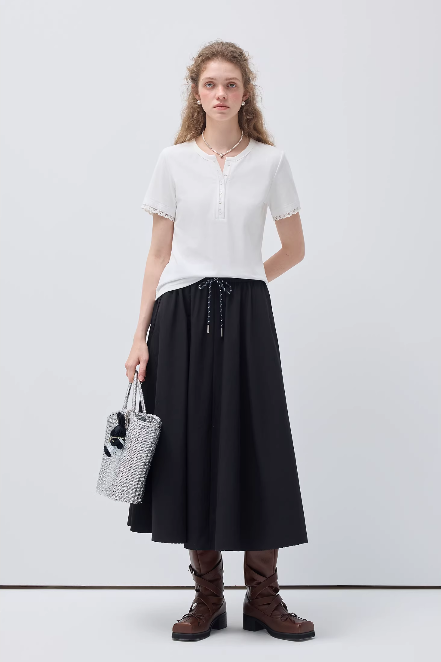 フロントハーフオープンパッチワークデザインTシャツC3513