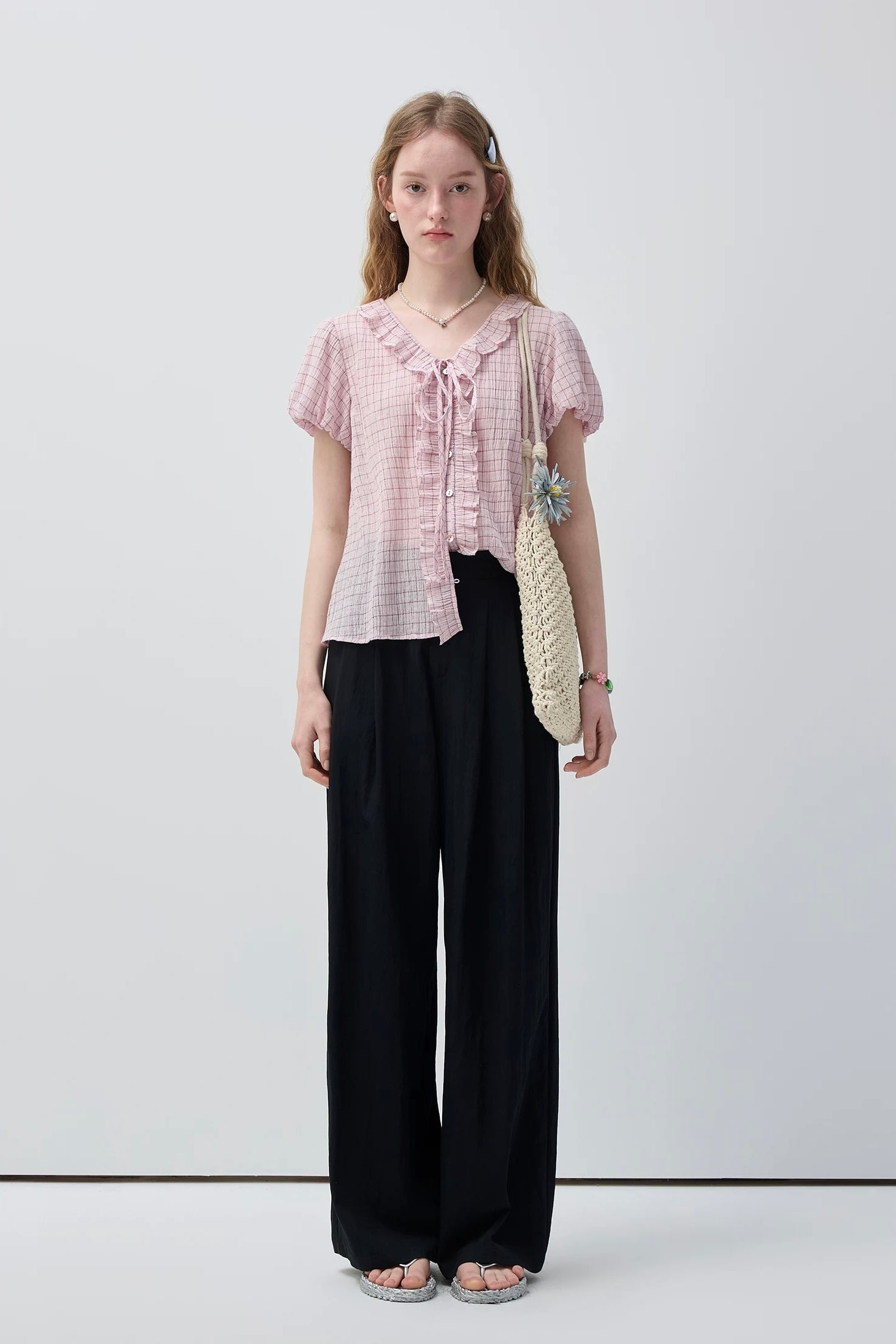 ピンクチェックフリルリボンブラウスC3769