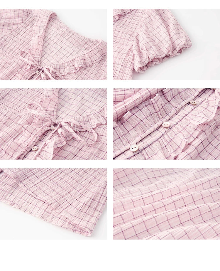 ピンクチェックフリルリボンブラウスC3769